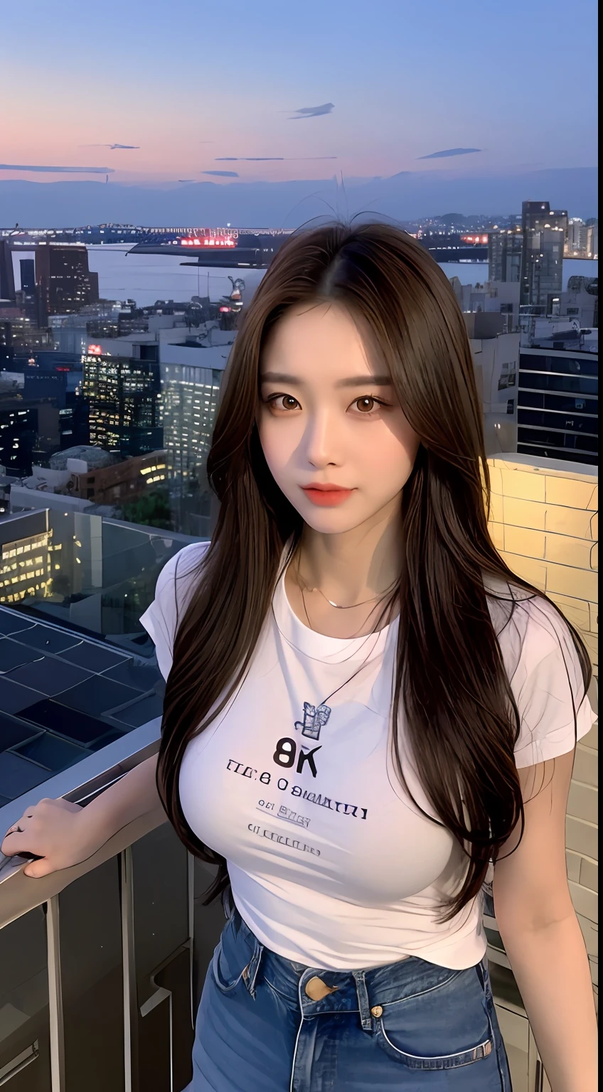 ((Midnight, Best quality, 8k, Masterpiece :1.3)), Whole body, Long legs, Sharp focus :1.2, A pretty woman with perfect figure :1.4, Slender abs :1.1, ((Dark brown hair, Big breasts :1.2)), (White tight tshirt, Jean bib, Standing:1.2), ((Night city view, Rooftop:1.3)), Highly detailed face and skin texture, Detailed eyes, Double eyelid
