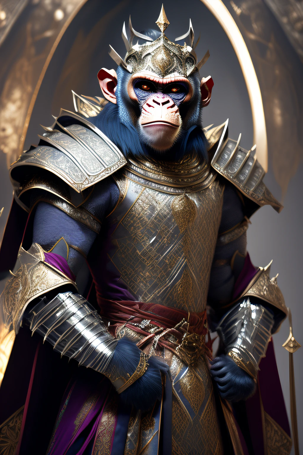 masterpiece, best quality, photorealistic ,fashionmonkey, gorilla, eyewear on head, gears, gem, goggles , gold, jewelry, magic circle,male_focus, owl, pants, shoes, sunglasses, tassel, throne,