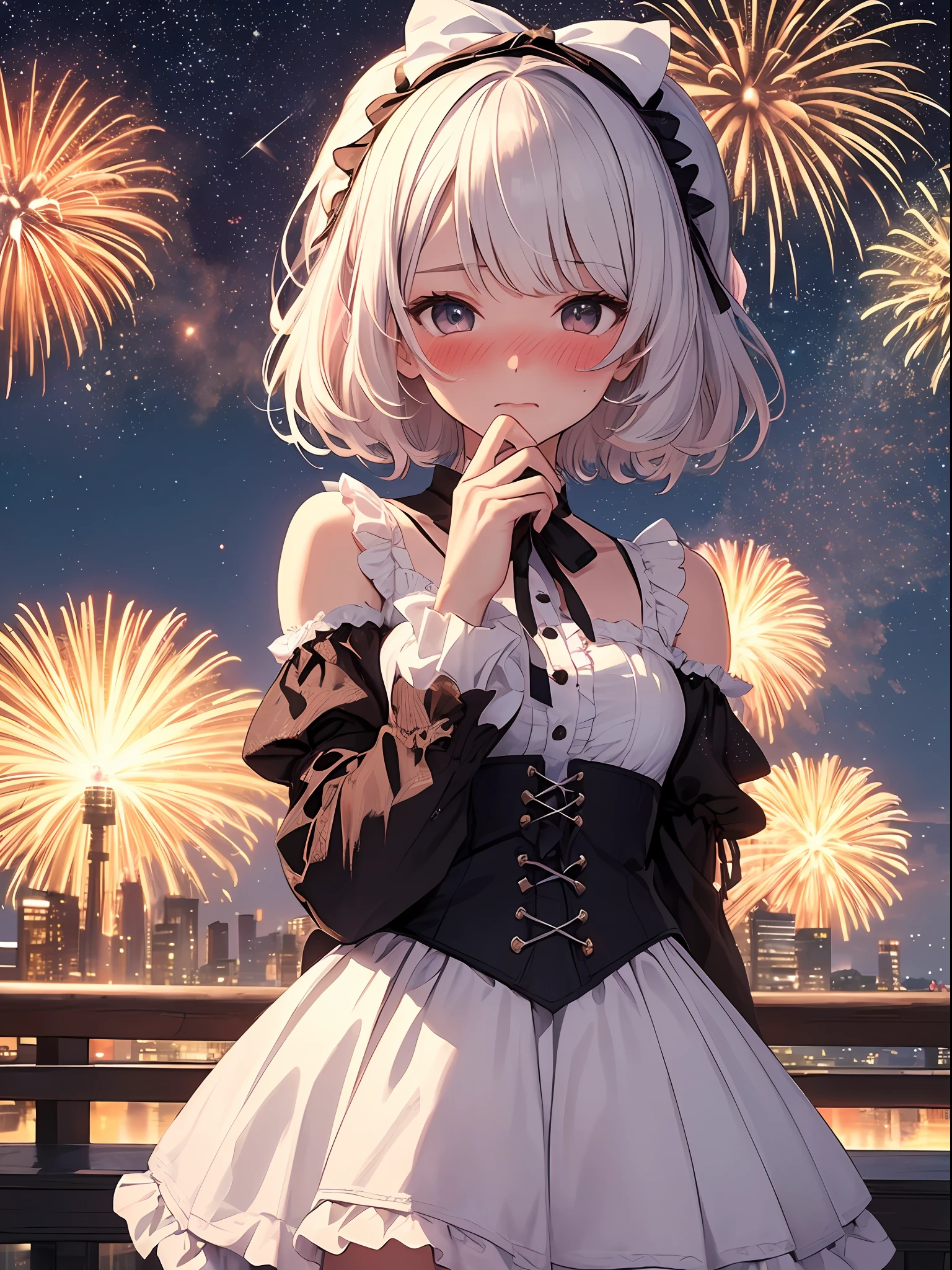 (Maste Piece:1.2),(blushing girl:1.3),(lolita:1.2),(tultra-detail:1.1),(Glittering starry sky),(firework),(White hair),(short-hair),(White skirt),(summer)