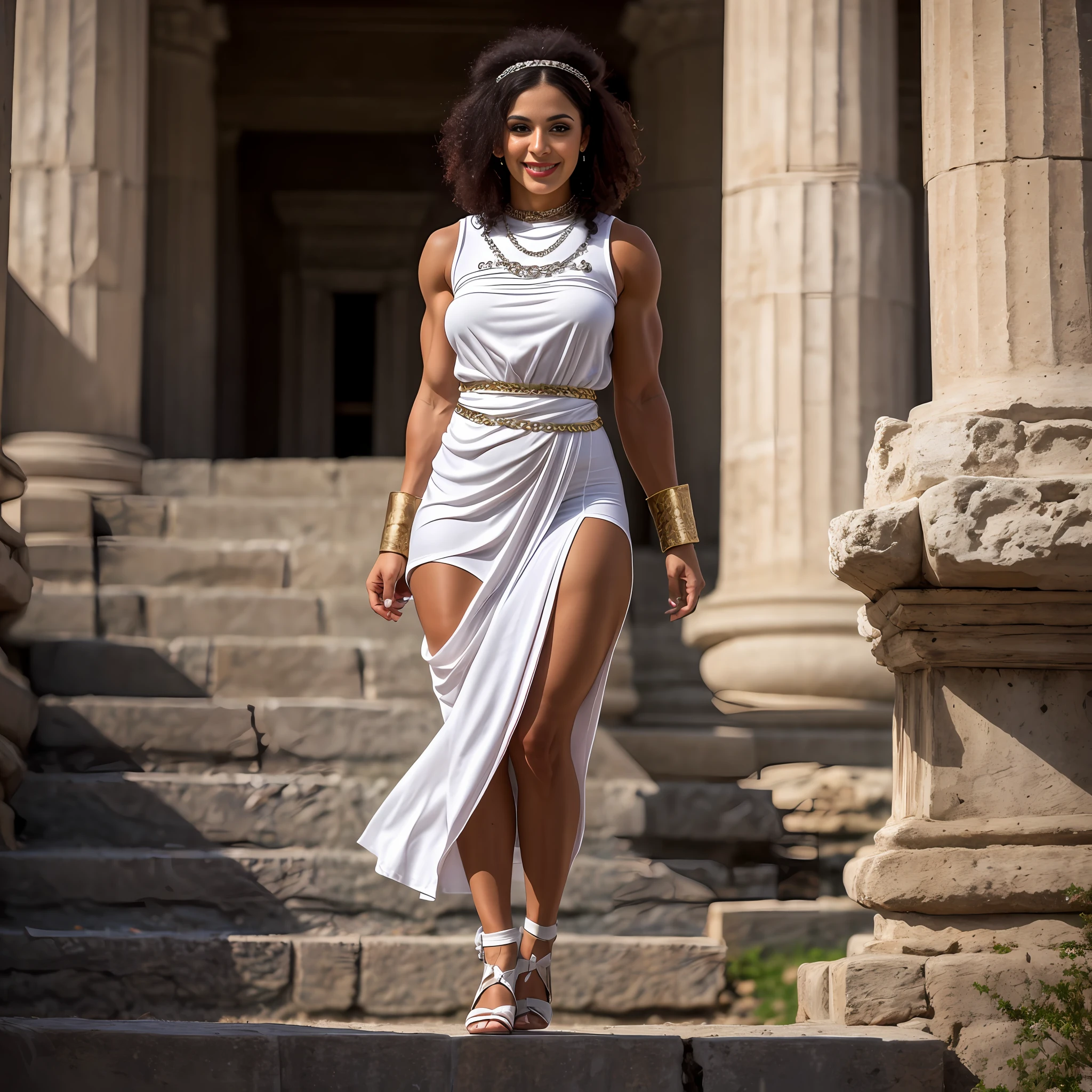 SFW, (toga:1.5), photorealistic, highest quality, RAW photo, cinematic composition, front view medium shot of a beautiful woman from ancient Greece standing, posing in courtyard, (faint smile, naughty look), (wearing a (long tight-fitting cloth:1.2) tunic in classical style, rich ancient style body accessories, fabulous diadem), skin texture, [skin wrinkles, skin spots], wrinkles in clothing, outdoor, (ancient Greek hairstyle|clothes|furniture|background), (highly detailed background:1.4), (abundant details, intricate details:1.2), highly detailed clothes, volumetric lighting, sharp focus, 8k, highly detailed, UHD, HDR, Asian-Less, 1girl, Long hair, curly hair, black hair, side bangs, ringlets, makeup, amber eyes, muscular, stocky, strong, powerful, muscle, muscles, muscular female, thick thighs, wide hips, fat mons, v-cut, groin tendon, huge ass, huge butt, big muscles, bodybuilder, biceps, large pectorals, small breasts, abs, thick eyebrows, long eyelashes, eyeliner, freckles, long nose, big nose, pointy nose, body freckles, full body, full-length portrait, smile, big necklace, chain necklace, (insanely detailed, beautiful detailed face, masterpiece, best quality)