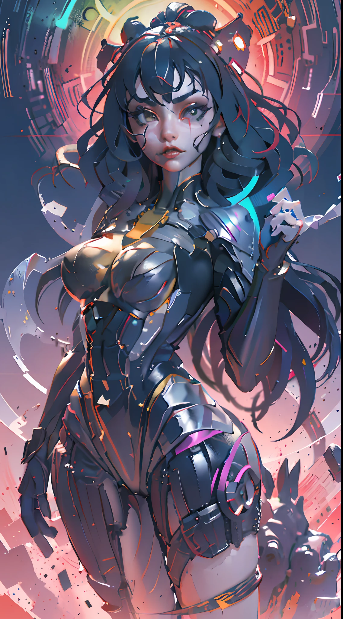 photorealistic, official art, unity 8k wallpaper, ultra detailed, beautiful and aesthetic, masterpiece, best quality, ((zentangle, mandala, tangle, entangle)), (trippy color light:1.3), ecstasy of color, 1girl, waist up, extremely detailed, dynamic pose, the most beautiful form of chaos, elegant, a brutalist designed, vivid colours, romanticism,   deep shadow