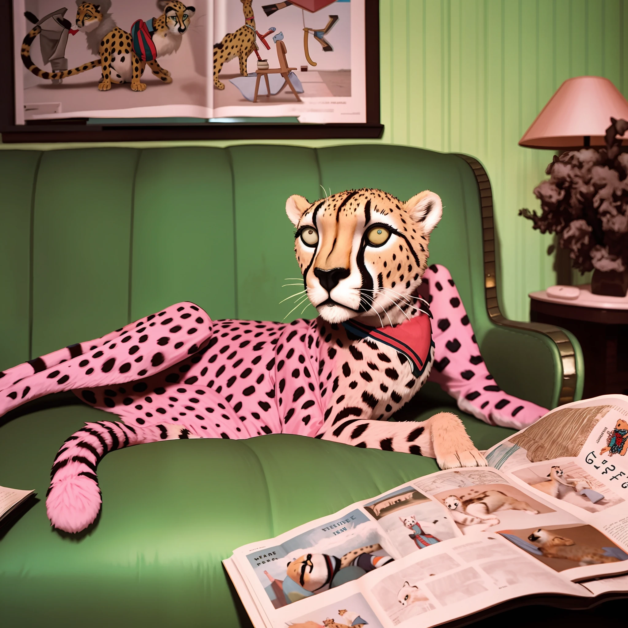 there is a cheetah sitting on a green couch in a living room, humanoid cheetah, in the style wes anderson, inspired by Wes Anderson, wes anderson and gucci, in the style wes anderson, author：wes anderson, still from a wes anderson film, still from a wes anderson film, perfect maximalistic composition, toiletpaper magazine, author：Lee Loveridge