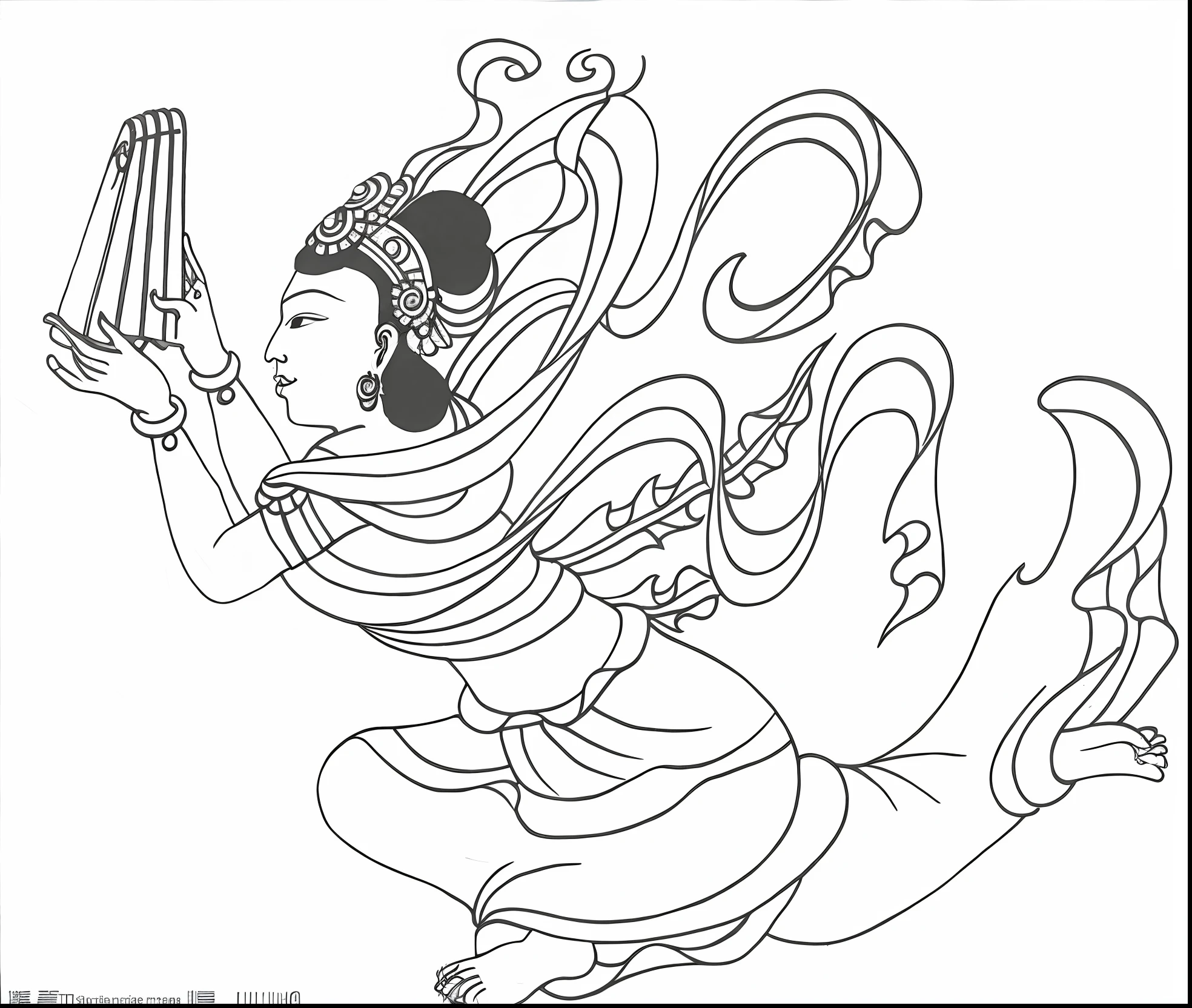 a drawing of a woman with a fan in her hand, inspired by Tawaraya Sōtatsu, asura from chinese myth, bodhisattva, Inspired by Seki Dosheng, guanyin of the southern seas, tibetan painting, contented female bodhisattva, ancient chinese goddess, Avalokitesvara, inspired by Luo Mu