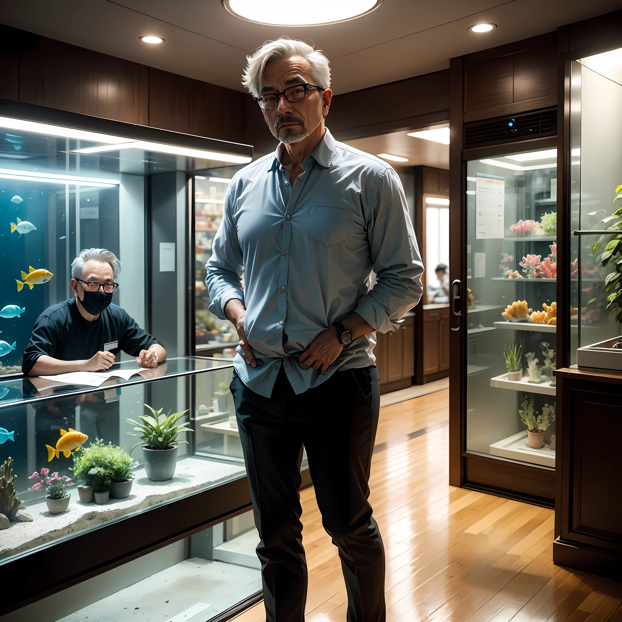 8k、Top image quality、Middle-aged man wearing glasses、aquariums
