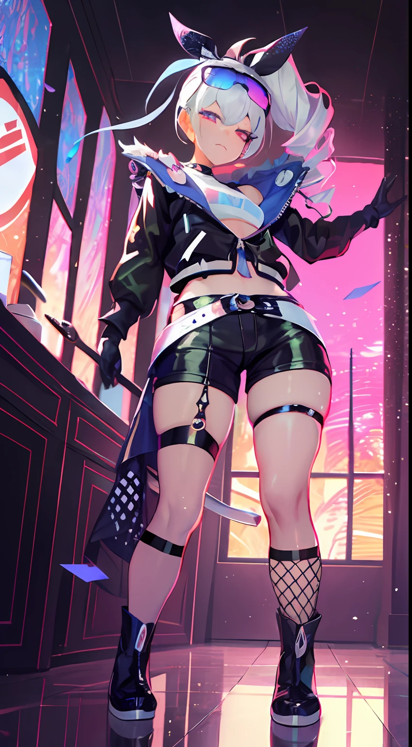 full body, 1girl, li, solo, Eye focus,Masterfully crafted Glow, pink lens flare, Cinematic background,colourful, hyper details, hdr, ultra detailed eyes, mature, plump, rainbow painting drops,(supermodel:1.3), made up from paint, entirely paint, splat, splash, indoors, (bioluminescent hair:1.1),(glowing eyes), ((makeup)), fierce, powerful, splashes of colour absolutely eye-catching, dynamic angle, beautiful detailed glow, ambient occlusion, ambient light, raytraced reflections, retro style, living arcade characters, arcade style world, gloves, jacket,weapon, shorts, black gloves, black jacket, gun, drill hair, black shorts, eyewear on head, bubble blowing, chewing gum, (Cute face:1.3),
