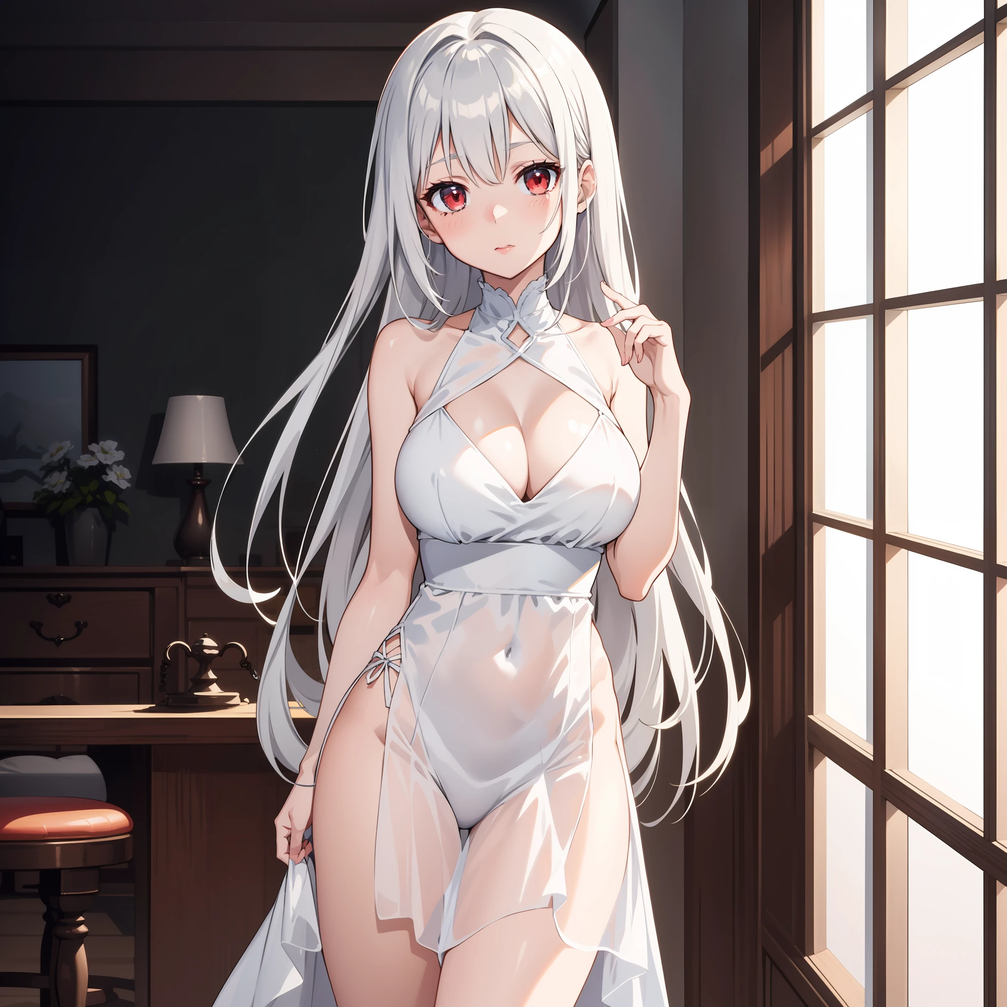 anime girl in a dress standing in a room with a window, white dress, cute anime waifu in a nice dress, smooth anime art, white dress!! of silver hair, seductive anime girl, silver hair, see through, red eyes