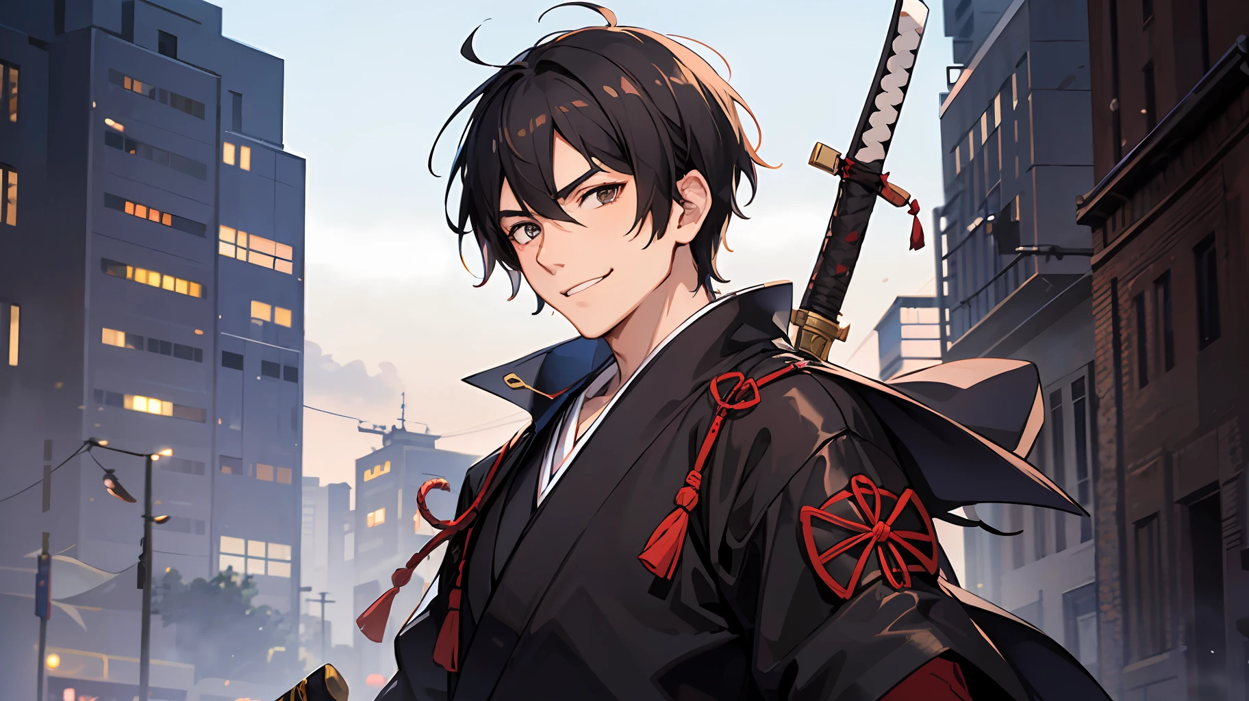 A guy in samurai clothes with a katana in his hand, black-haired with brown eyes, A smirk on his face