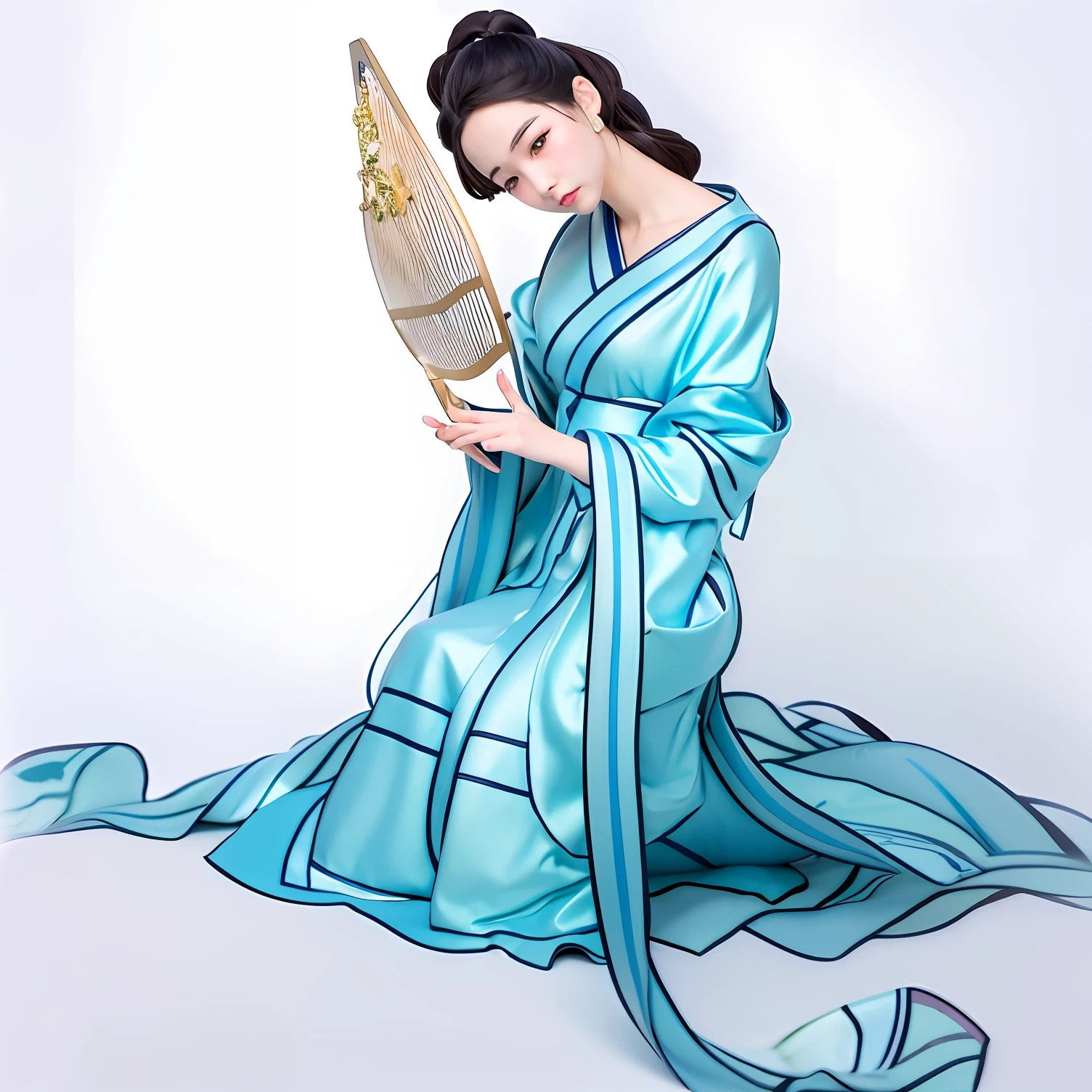 painting of a woman in a blue dress holding a fan, inspired by Yun-Fei Ji, inspired by Uemura Shōen, portrait of mulan, ancient chinese beauties, inspired by Tawaraya Sōtatsu, Japanese style painting, ancient china art style, traditional painting, inspired by Tang Yin, ancient chinese goddess, ancient chinese princess