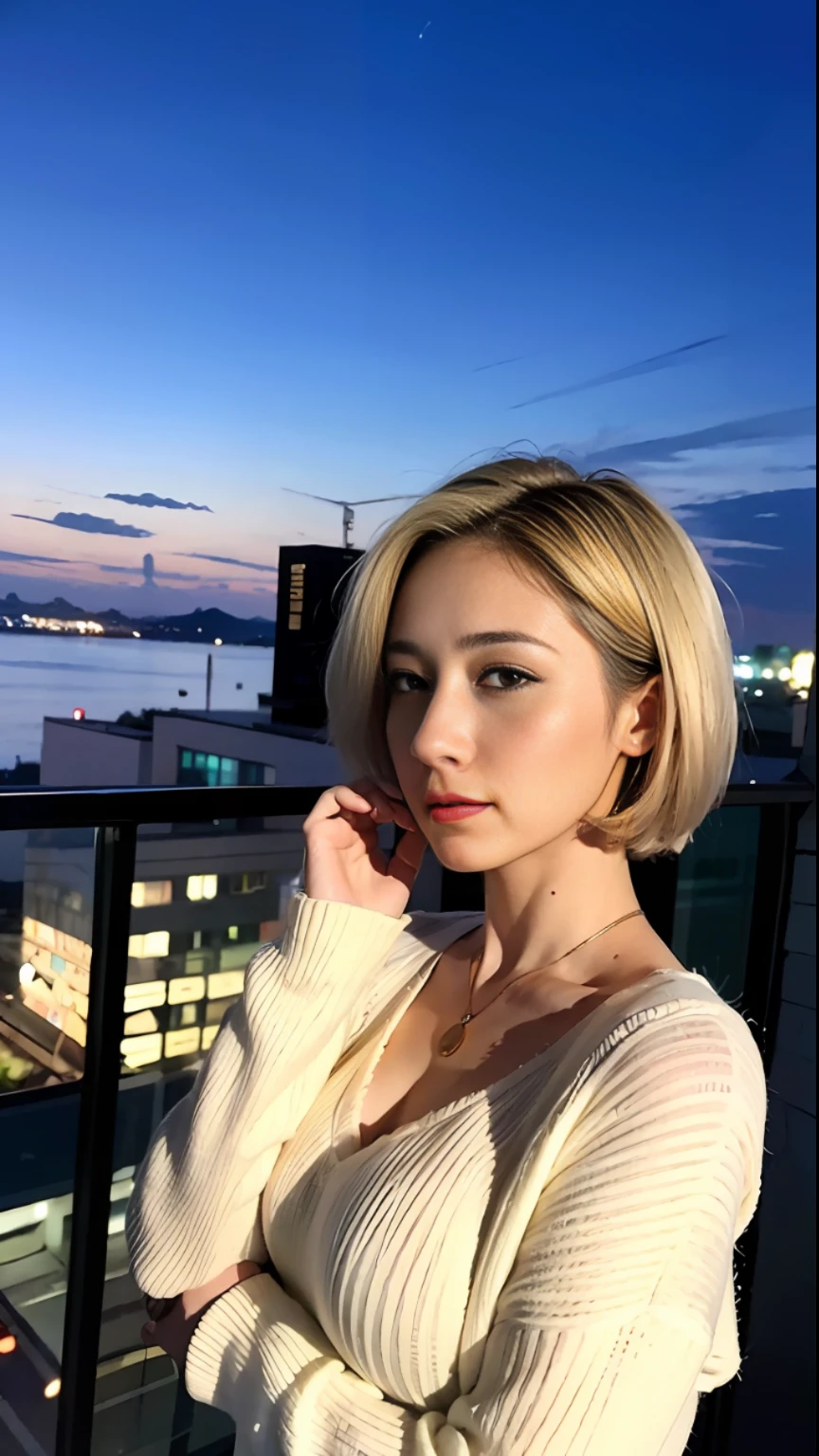 （best qulaity，8K，32K，The Masterpiece，Ultra HDR：1.2），Photo of beautiful Chinese woman，Skinny breasts，Very short Bob hair，Blonde hair，upper-body，facefocus，Oversized sweater，gargantilha，Night，Background of balcony at night，From  above，looking at the spectator，