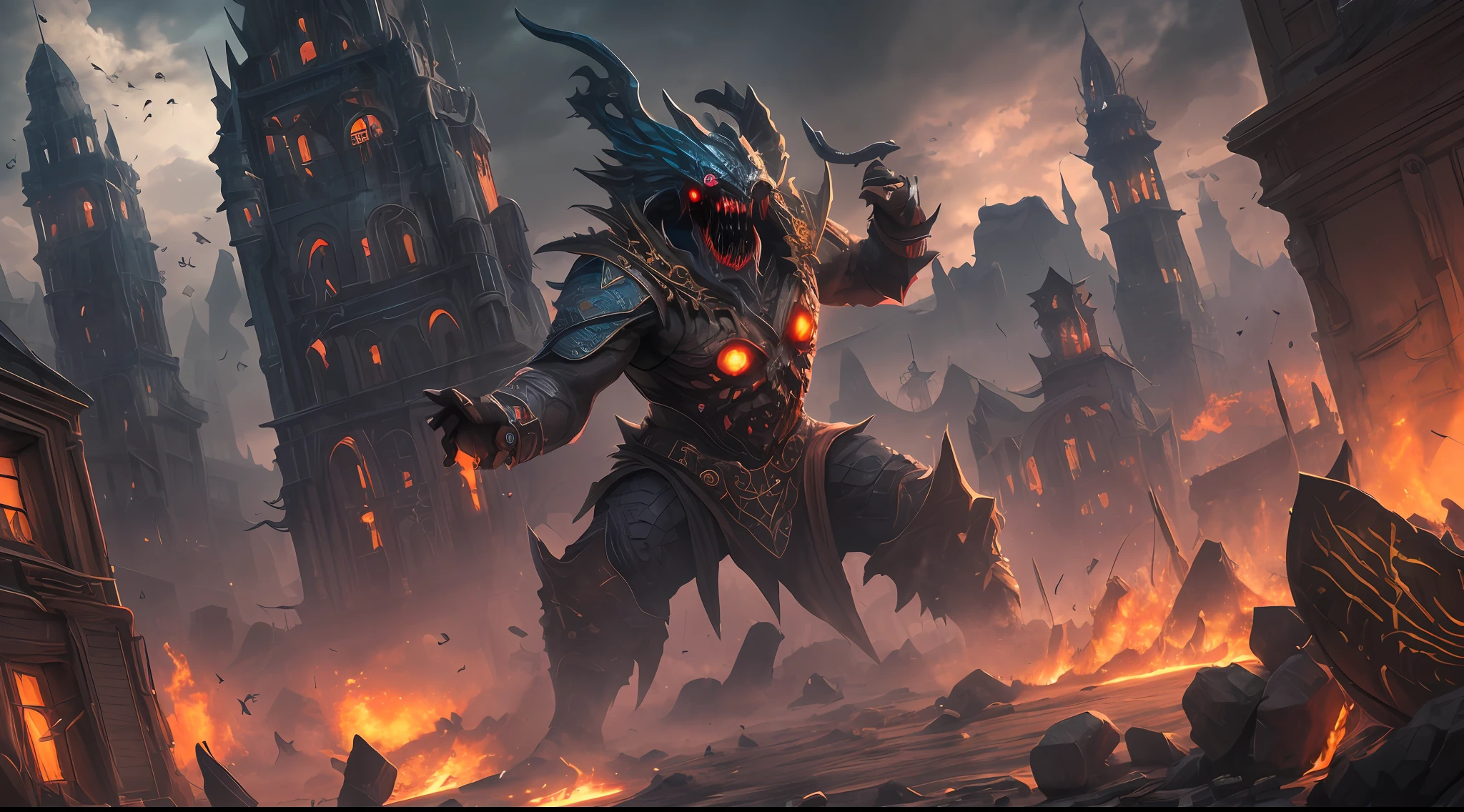 (Very detailed 8k wallpapers),A medium shot of a terrifying necromancer,intricated,high-details,Dramatic,The forgotten war,city ruins。