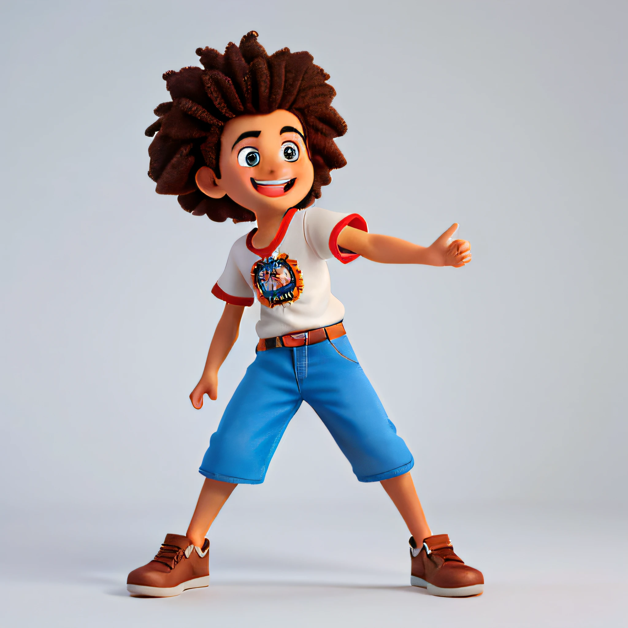 Draw a male character with a funny appearance and Afro-Brazilian style, representando a cultura da Bahia. Ele tem pele azeitona e cabelo escuro dreadlocked. The character is full of energy and expressiveness, Sempre com um sorriso contagiante no rosto no estilo dos desenhos animados da Pixar. Her personality is fun, extrovertido, e animado. He loves sharing funny stories and doing fun challenges on his YouTube channel, onde espalha alegria e positividade. Your attire may include colorful clothing inspired by typical Bahian clothing, like short-sleeved shirts with vibrant prints and comfortable pants and flip-flops. Frontal corpo inteiro olhando para frente. Certifique-se de destacar os recursos faciais exclusivos, como olhos expressivos e um sorriso contagiante. Enjoy creating this unique and authentic character, melhor qualidade,
Desenhos animados 3d, fantasia, Surrealismo, super fofo, trending on ArtStation!