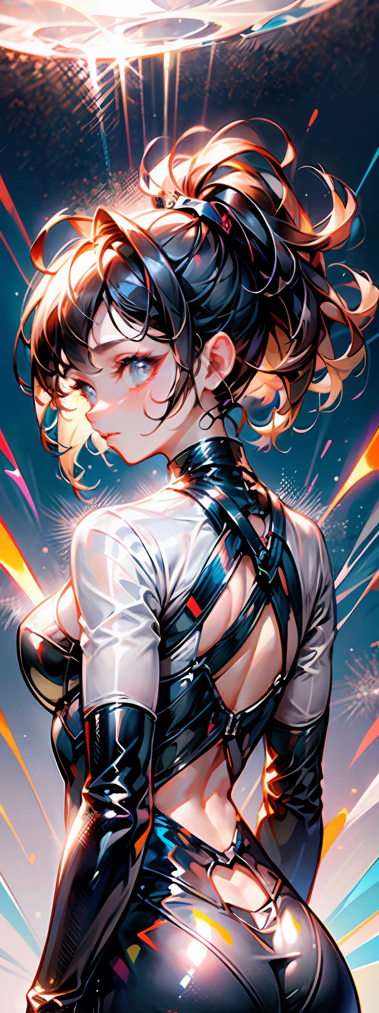 (solo girl:1.2, shot from back, dynamic pose:1.1), (Swirling Large Head:1.3), cinematic shot, dramatic lighting emphasizing shadows, texture-rich details, laser effect to add depth, best quality.