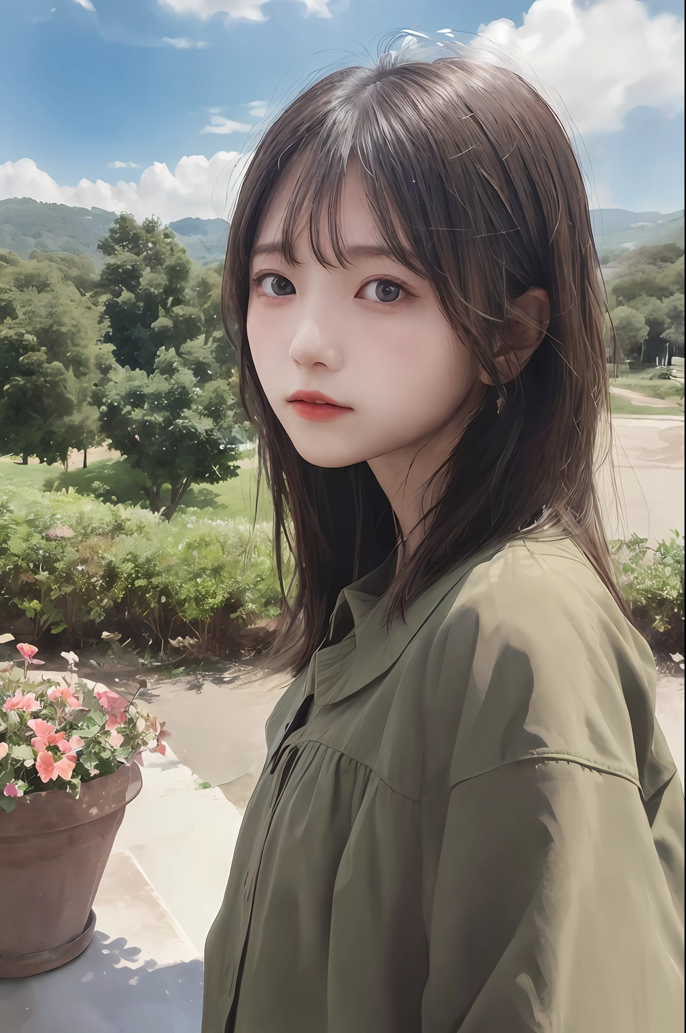 absurdres, highres, (official art, beautiful and aesthetic:1.2), close view,
shining sky, vast world, girl, gazing, awe-inspiring expression, distant horizon, clouds, high hill, natural beauty, inspiration, light effects,