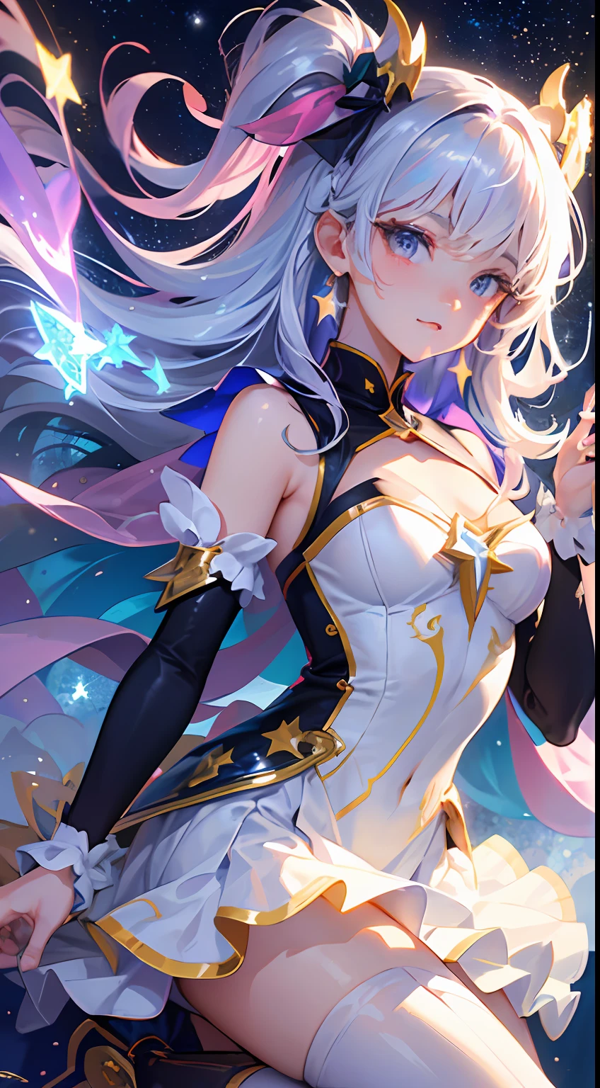 (Magical Girl)), ((Gorgeous Starry Background)), ((Ultra Detailed)), ((Best Illustration)), ((Movie Lighting)), Dynamic Angle, Floating, Fine, (Flash: 1.2), (Shine: 1.2), (Shine: 1.2), Classic, (Drawing: 1.1), (Sketch: 1.1), (Best Quality), (Illustration: 1.2), (Anime Style), (Solo), Beautiful Detailed Face, (Cute Face: 1.3), (Big Eyes)), Colored hair, (long hair: 1.2), (flowing hair: 1.2), (magical girl costume), detail, (sparkling wand: 1.3), (magic effect: 1.3), (flowing dress: 1.2), (cute boots: 1.1), (transparent fabric: 1.1), (flickering: 1.2), (glow: 1.2), (sparkle: 1.2), (sparkle: 1.2), (sparkle: 1.2), (shimmer: 1.2)