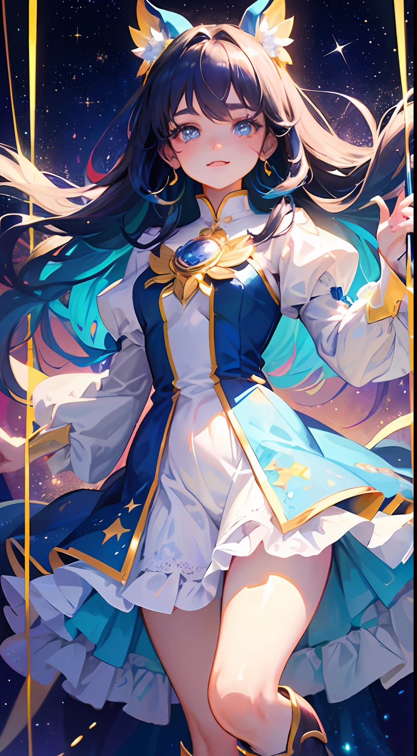 (Magical Girl)), ((Gorgeous Starry Background)), ((Ultra Detailed)), ((Best Illustration)), ((Movie Lighting)), Dynamic Angle, Floating, Fine, (Flash: 1.2), (Shine: 1.2), (Shine: 1.2), Classic, (Drawing: 1.1), (Sketch: 1.1), (Best Quality), (Illustration: 1.2), (Anime Style), (Solo), Beautiful Detailed Face, (Cute Face: 1.3), (Big Eyes)), Colored hair, (long hair: 1.2), (flowing hair: 1.2), (magical girl costume), detail, (sparkling wand: 1.3), (magic effect: 1.3), (flowing dress: 1.2), (cute boots: 1.1), (transparent fabric: 1.1), (flickering: 1.2), (glow: 1.2), (sparkle: 1.2), (sparkle: 1.2), (sparkle: 1.2), (shimmer: 1.2)
