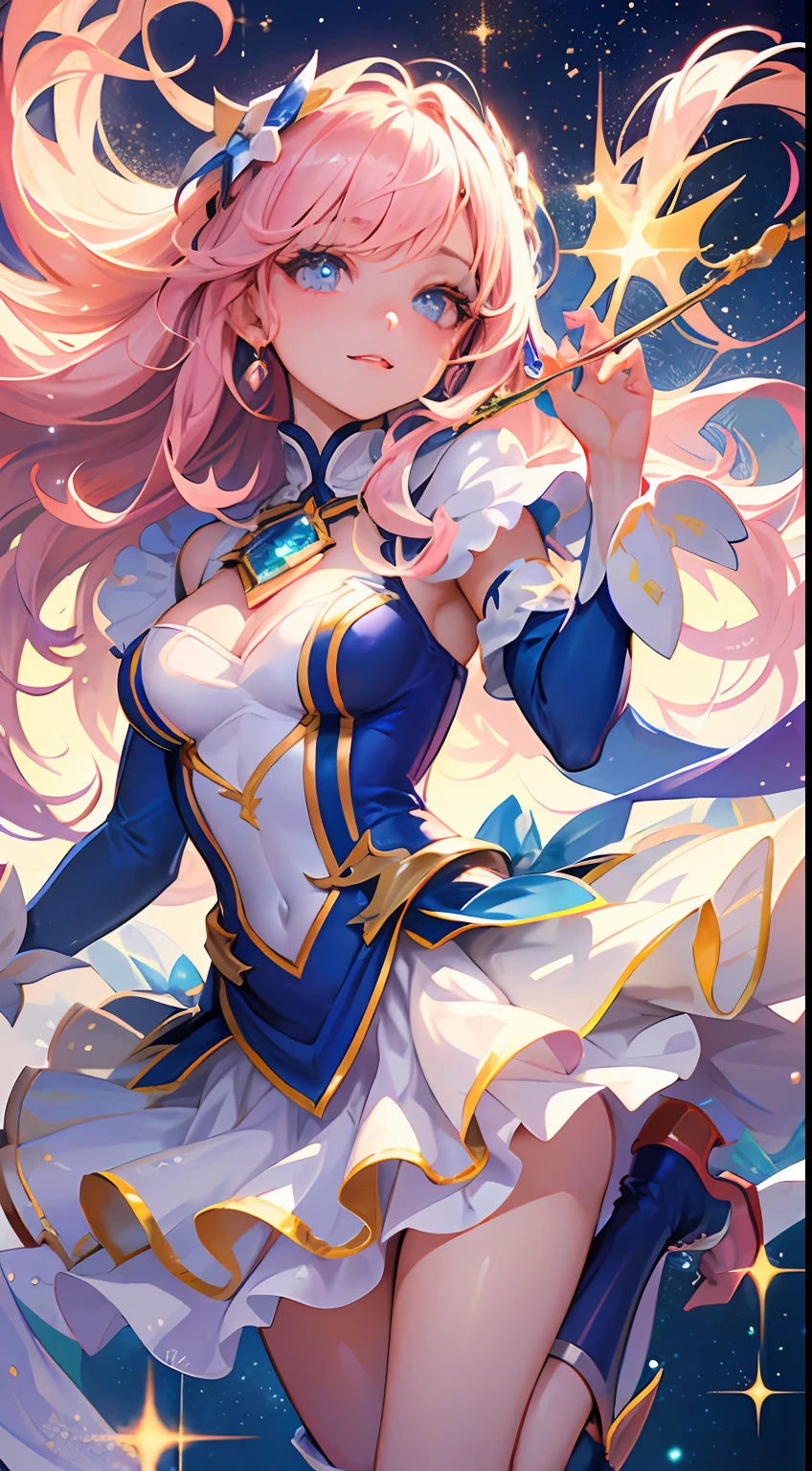 (Magical Girl)), ((Gorgeous Starry Background)), ((Ultra Detailed)), ((Best Illustration)), ((Movie Lighting)), Dynamic Angle, Floating, Fine, (Flash: 1.2), (Shine: 1.2), (Shine: 1.2), Classic, (Drawing: 1.1), (Sketch: 1.1), (Best Quality), (Illustration: 1.2), (Anime Style), (Solo), Beautiful Detailed Face, (Cute Face: 1.3), (Big Eyes)), Colored hair, (long hair: 1.2), (flowing hair: 1.2), (magical girl costume), detail, (sparkling wand: 1.3), (magic effect: 1.3), (flowing dress: 1.2), (cute boots: 1.1), (transparent fabric: 1.1), (flickering: 1.2), (glow: 1.2), (sparkle: 1.2), (sparkle: 1.2), (sparkle: 1.2), (shimmer: 1.2)