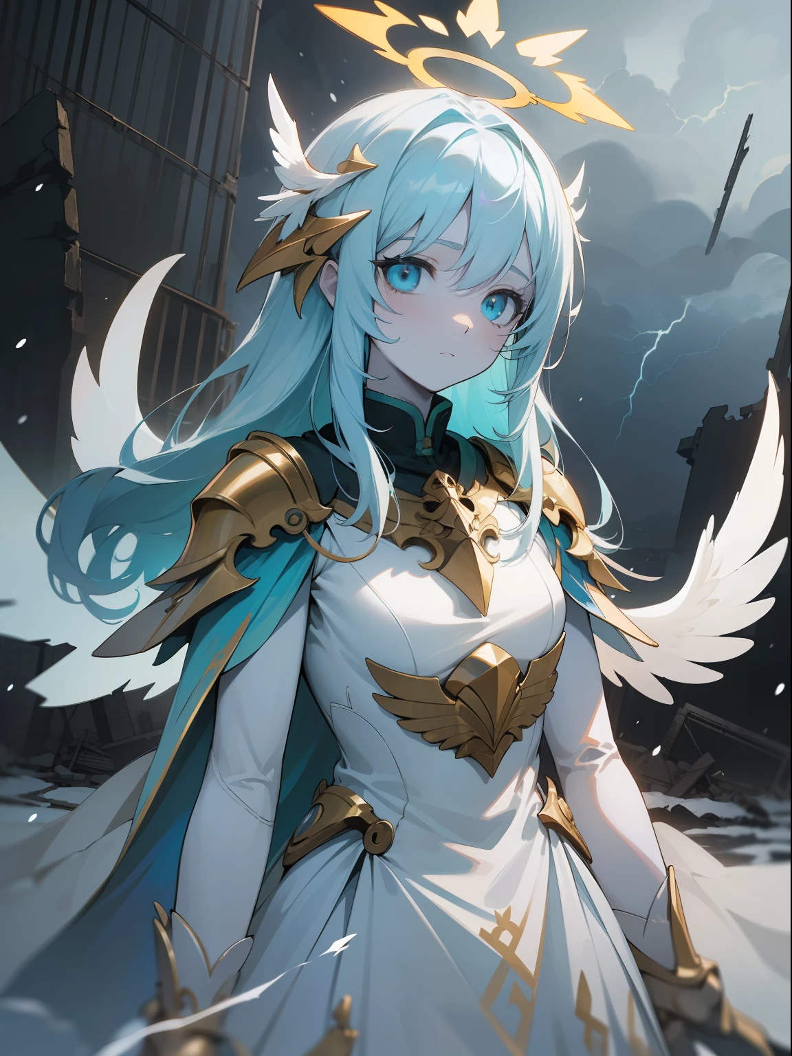 ((masterpiece)), (((best quality))), (volumetric lighting:1.2), (1male:1.3), (thunder:1.2), (lightning:1.2), (light blue eyes:1.0), (light blue hair:1.2), (long hair:1.1), (overcast sky:1.1), (albino:1.4), (golden ornaments:1.0), (hair ornaments:1.1), (white paper skin:1.2), (snow white skin:1.2), (wings:1.0), (multiple wings:1.3), (gold trim:1.1), (light blue cape:1.2), (compression shirt:1.1), (natural disasters:1.1), (stormy sea:1.1), (expressionless:1.2), (emotionless:1.1), (dinamic pose:1.1), (cinematic pose:1.1), (dinamic angle:1.1), (cinematic angle:1.1), (seraph halo:1.3), (gloomy colors:1.3), (ruined city:1.1), (ruins:1.2), (apocalypse:1.2), (absurdres:1.0)