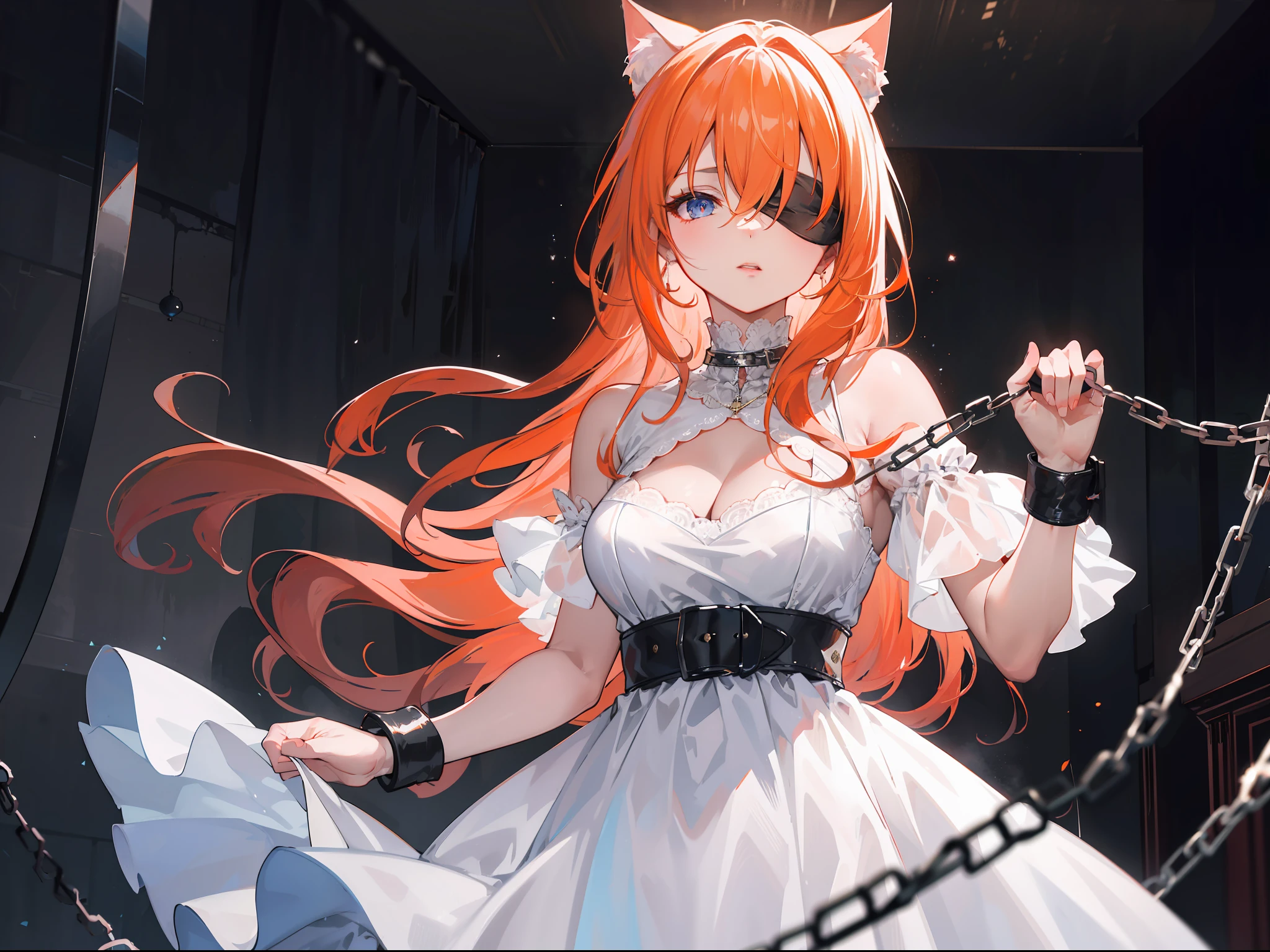 "Epic dark atmosphere, stunning 4k artwork featuring a mature woman with confident long orange hair and cats ear, she wear white dress and chained on the iron bed, she also blindfolded her eyes"