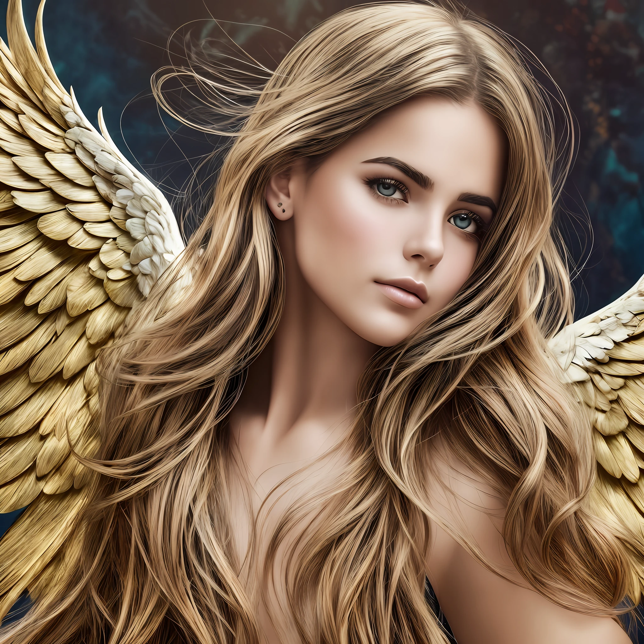 ultra realistic photography, RAW photograph, 1angel  mujer con alas de angel de color anaranjado detalladas y definidas, hermosa y perfecta mujerde  en un fondo oscuro, rostro hiperrealista, obra maestra, arte digital, High quality and resolution, alas hiperdetalladas con destellos luminosos, Ropa angelical de color anaranjada con blanco y detalles dorados, cara hermosa y detallada, ojos grises normales, angel mujer con medio cuerpo, tunica de color anaranjado detalles blancos y dorados,caricatura, Cara detallada y pulida, fotorealismo, mirada penetrante, cabello largo definido con decoracion luminosa y gemas y cristales --auto --s2