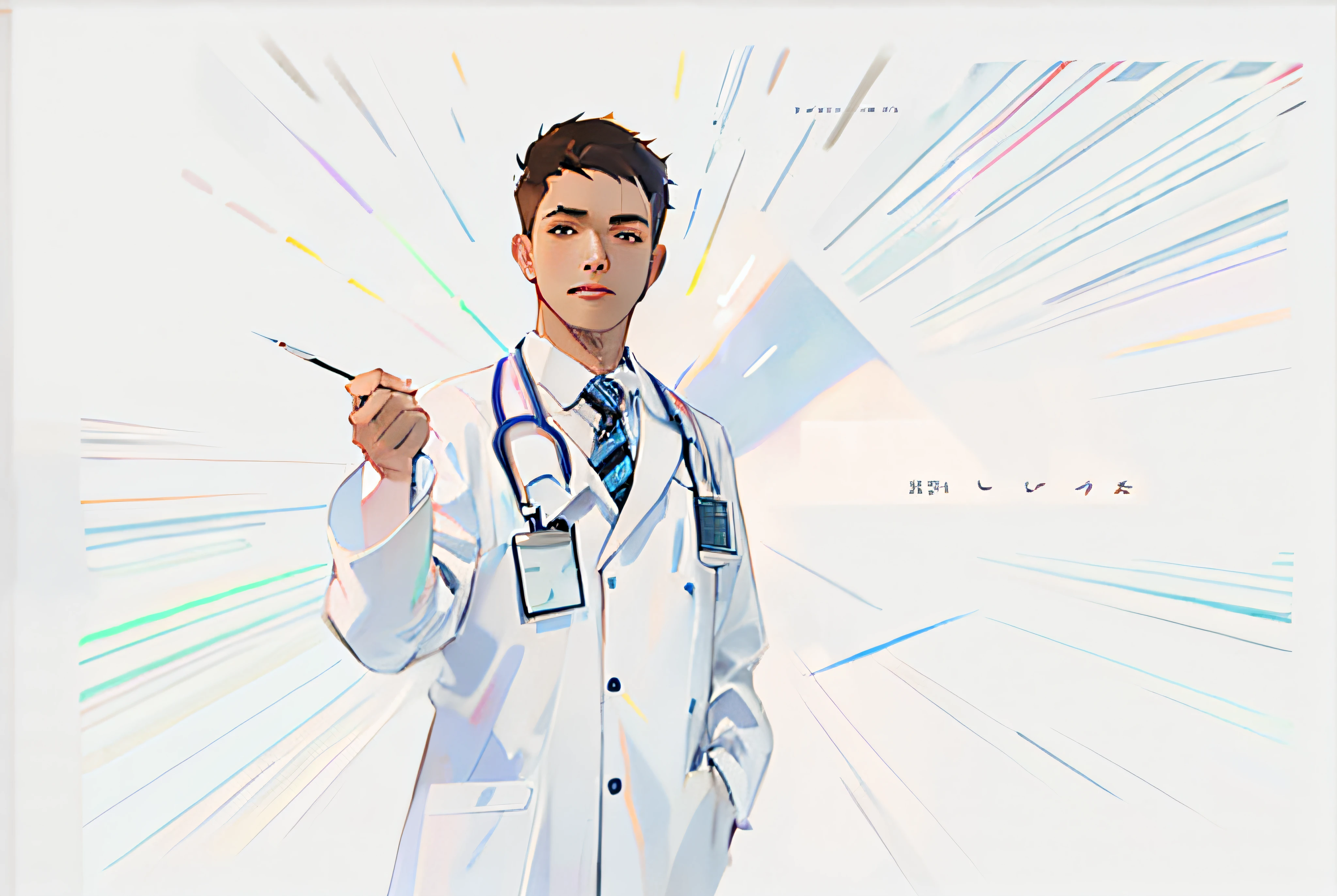 Thick painted illustrations、physician、male people、Three-dimensional posture、short-cut hair、white coats、Clear and sharp、Anime thick paint illustration、Hair color brown