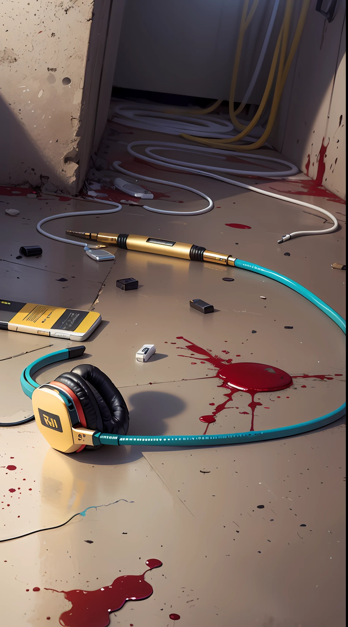 a pair of broken damaged headphones from 1980s, close up photo of headphones from 1980s full headphones, lying on a floor in jail cell, cable thorn apart, pool of blood around the headphones, a lot of blood on the floor