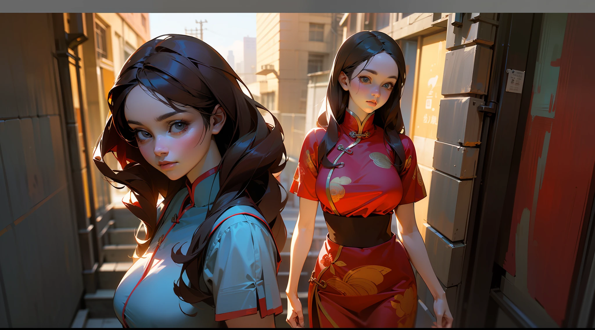 ((Realistic lighting, optimal quality, 8K, masterpaintings:1.3)),( sharp fokus:1.2), Girl Huge breasts, (Beautiful Women with Perfect Figure:1.4),Slim:1.1, ((long and dark brown hair)),((length hair)) ,((ringlets)),(red-white qipao:1.4),(exteriors,during night:1.1),urban street,High-rise buildings and deep alleys,Ultra-fine face,Fine eyes,双眼皮,