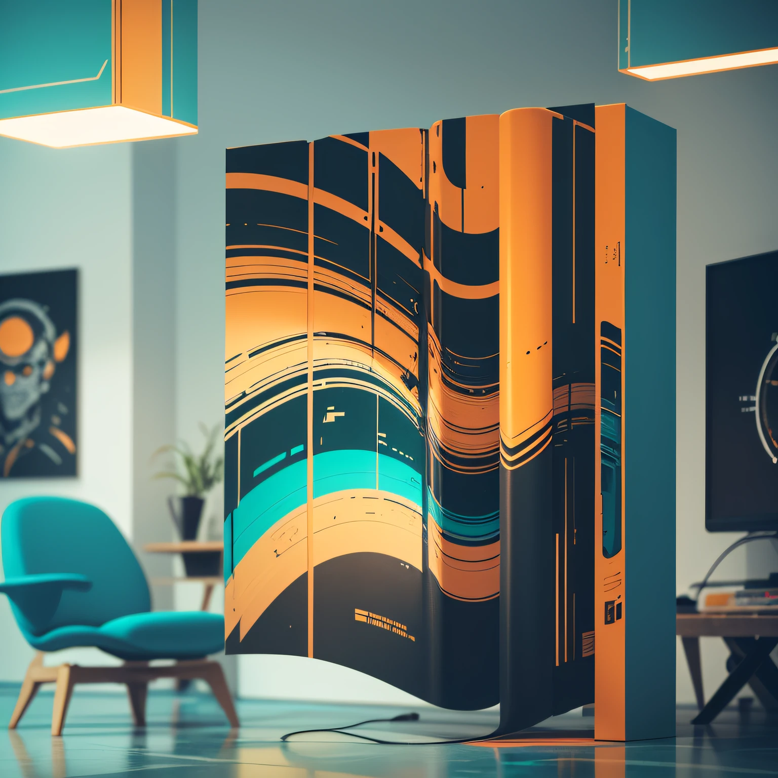 homem futurista, detalhado, realista, 4k, configurando um cerebro, fundo desfocado, emepnhado, mesa de mecanico, roupas nas cores, oild painting, respingos de tinta, , colors teal, colors orange,