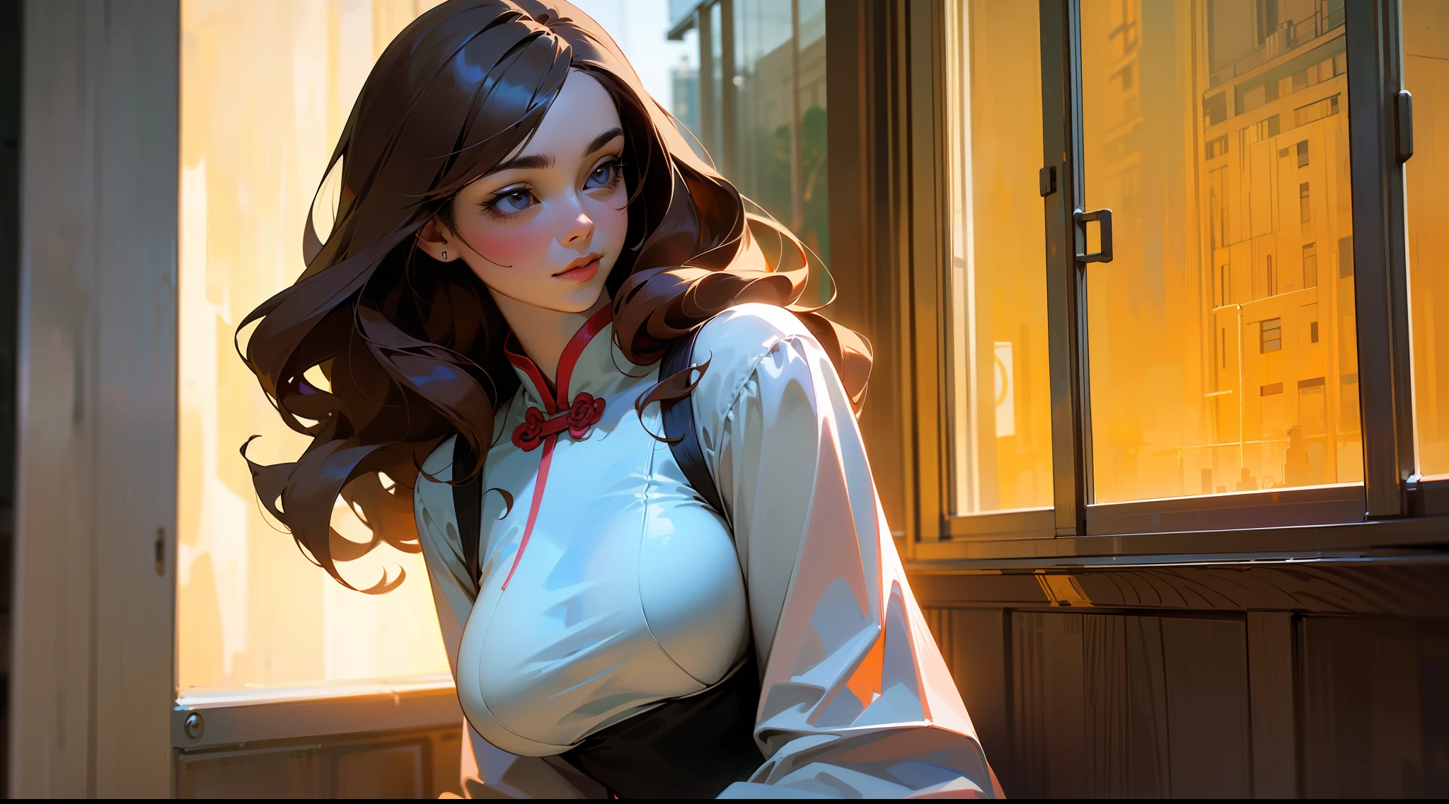 ((Realistic lighting, optimal quality, 8K, masterpaintings:1.3)),( sharp fokus:1.2), Girl Huge breasts, (Beautiful Women with Perfect Figure:1.4),Slim:1.1, ((long and dark brown hair)),((length hair)) ,((ringlets)),(red-white qipao:1.4),(exteriors,during night:1.1),urban street,High-rise buildings and deep alleys,Ultra-fine face,Fine eyes,双眼皮,