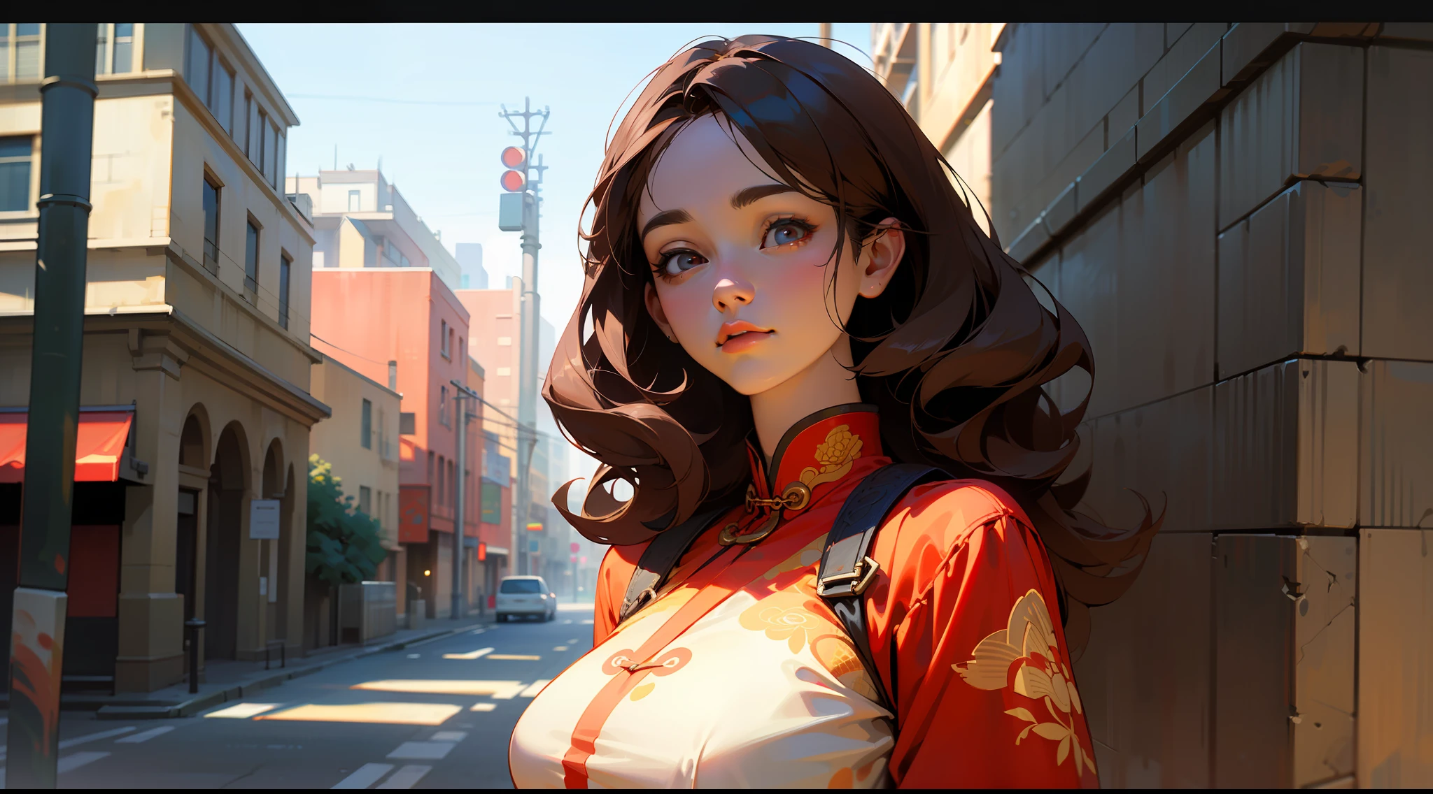 ((Realistic lighting, optimal quality, 8K, masterpaintings:1.3)),( sharp fokus:1.2), Girl Huge breasts, (Beautiful Women with Perfect Figure:1.4),Slim:1.1, ((long and dark brown hair)),((length hair)) ,((ringlets)),(red-white qipao:1.4),(exteriors,during night:1.1),urban street,High-rise buildings and deep alleys,Ultra-fine face,Fine eyes,双眼皮,