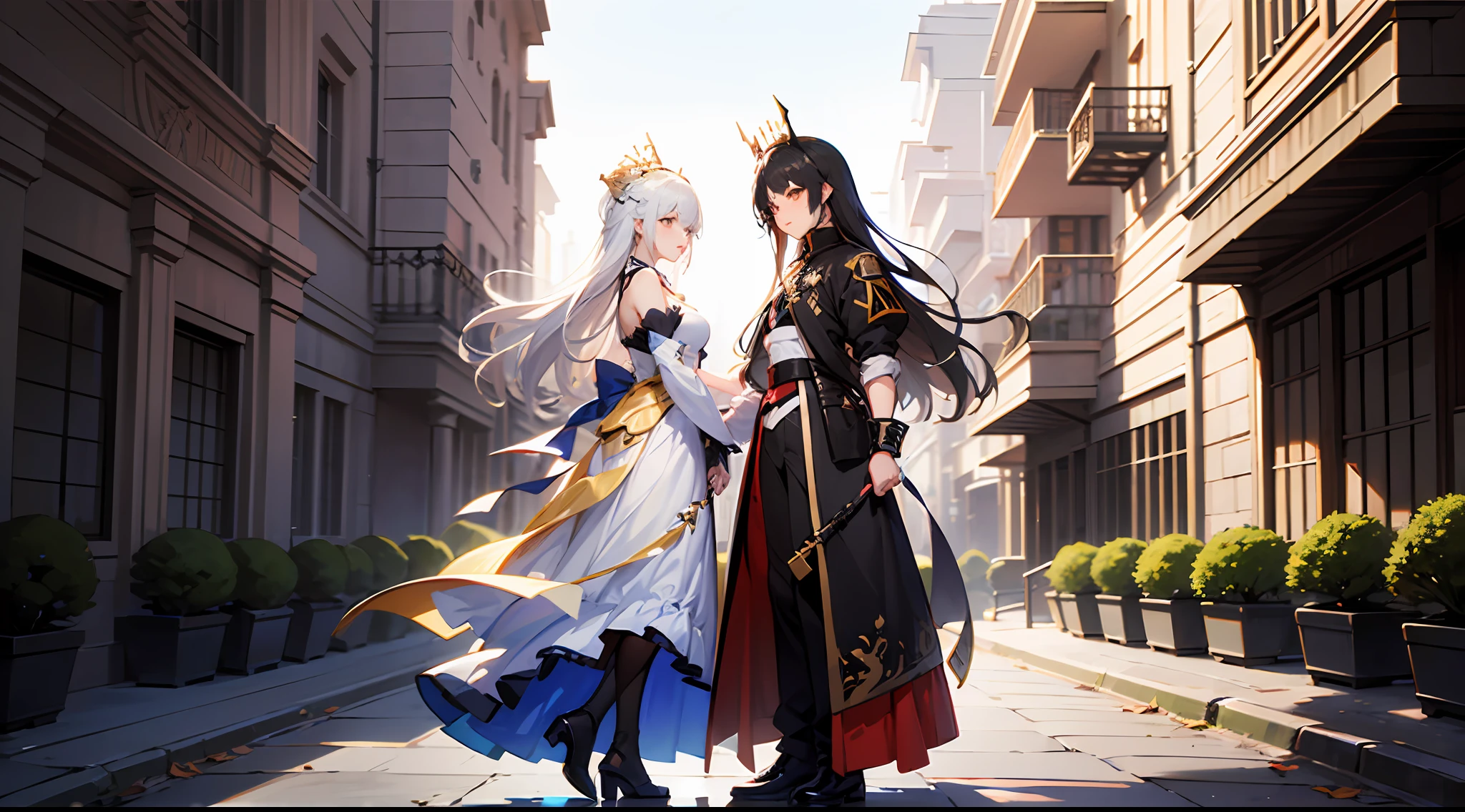 anime couple in white and gold dress standing in front of a building, wlop and sakimichan, queen and ruler of the universe, highly detailed exquisite fanart, from girls frontline, beautiful androgynous prince, Trending on ArtStation pixiv, zerochan art, guweiz on pixiv artstation, from arknights, by Yang J, white haired deity