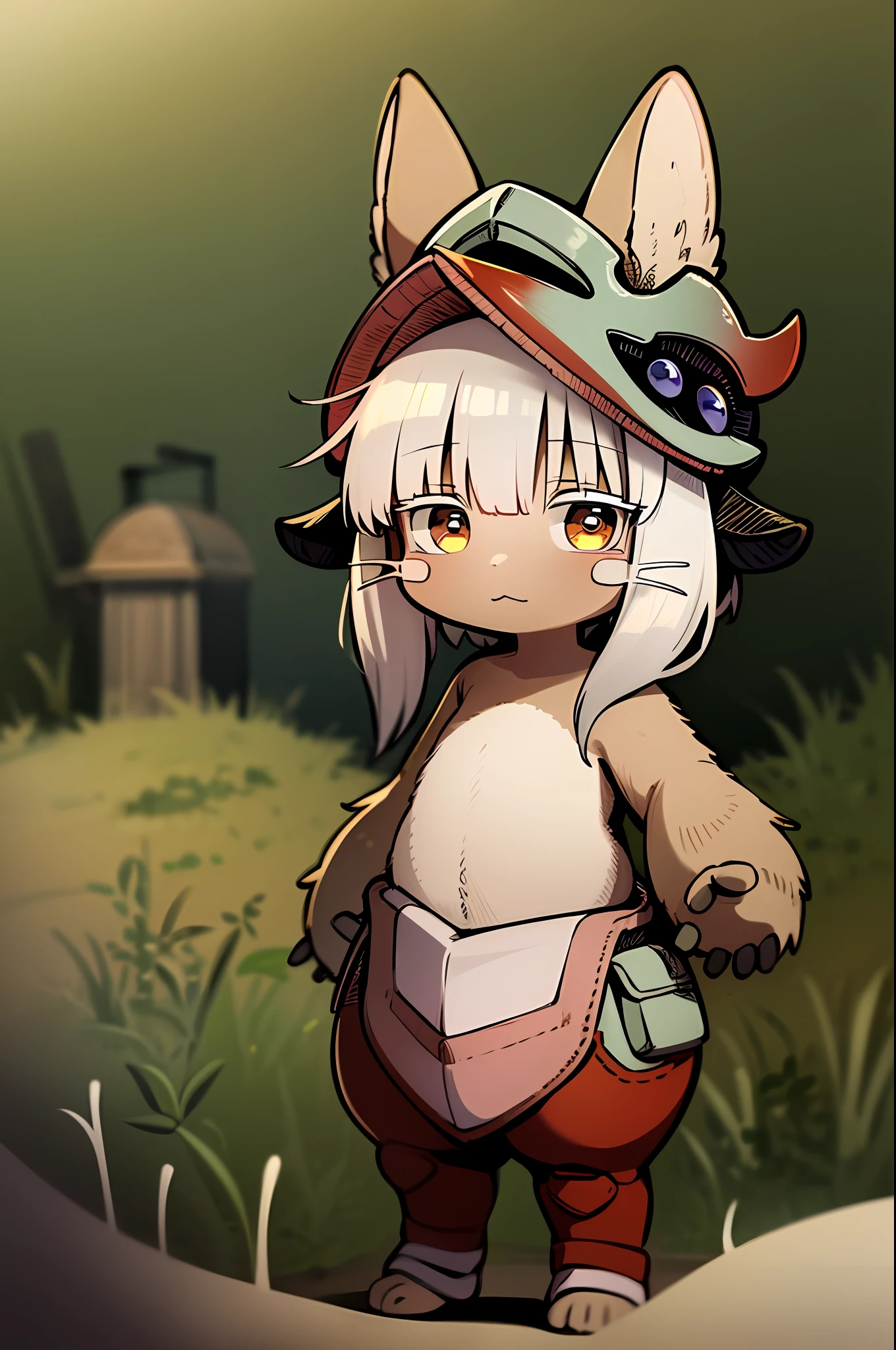 a 1girl, 独奏, Fluffy, Nanachi \(made in abyss\), nanachihat, Nanachipants, Standing, looking at the viewer, in military uniform, camo, Tactical uniforms, Desert camouflage, desert,