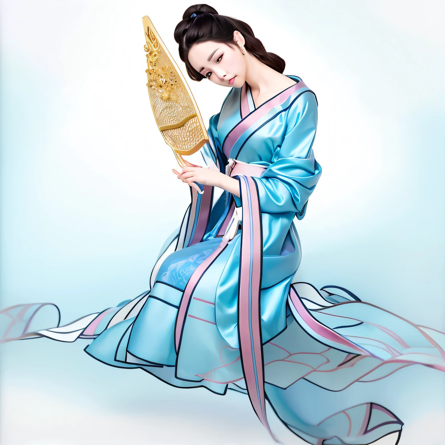 painting of a woman in a blue dress holding a fan, inspired by Yun-Fei Ji, inspired by Uemura Shōen, portrait of mulan, ancient chinese beauties, inspired by Tawaraya Sōtatsu, Japanese style painting, ancient china art style, traditional painting, inspired by Tang Yin, ancient chinese goddess, ancient chinese princess