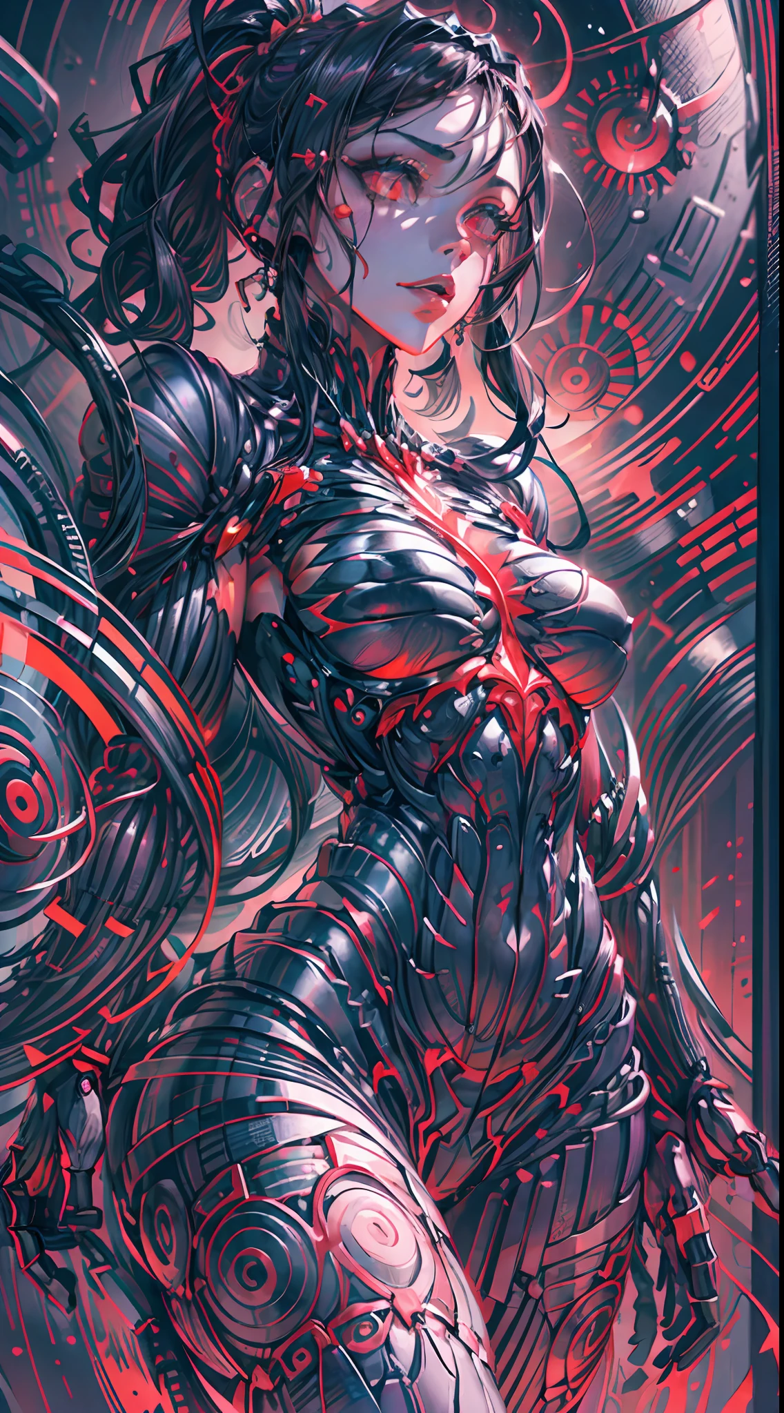 photorealistic, official art, unity 8k wallpaper, ultra detailed, beautiful and aesthetic, masterpiece, best quality, ((zentangle, mandala, tangle, entangle)), (trippy color light:1.3), ecstasy of color, 1girl, waist up, extremely detailed, dynamic pose, the most beautiful form of chaos, elegant, a brutalist designed, vivid colours, romanticism, deep shadow