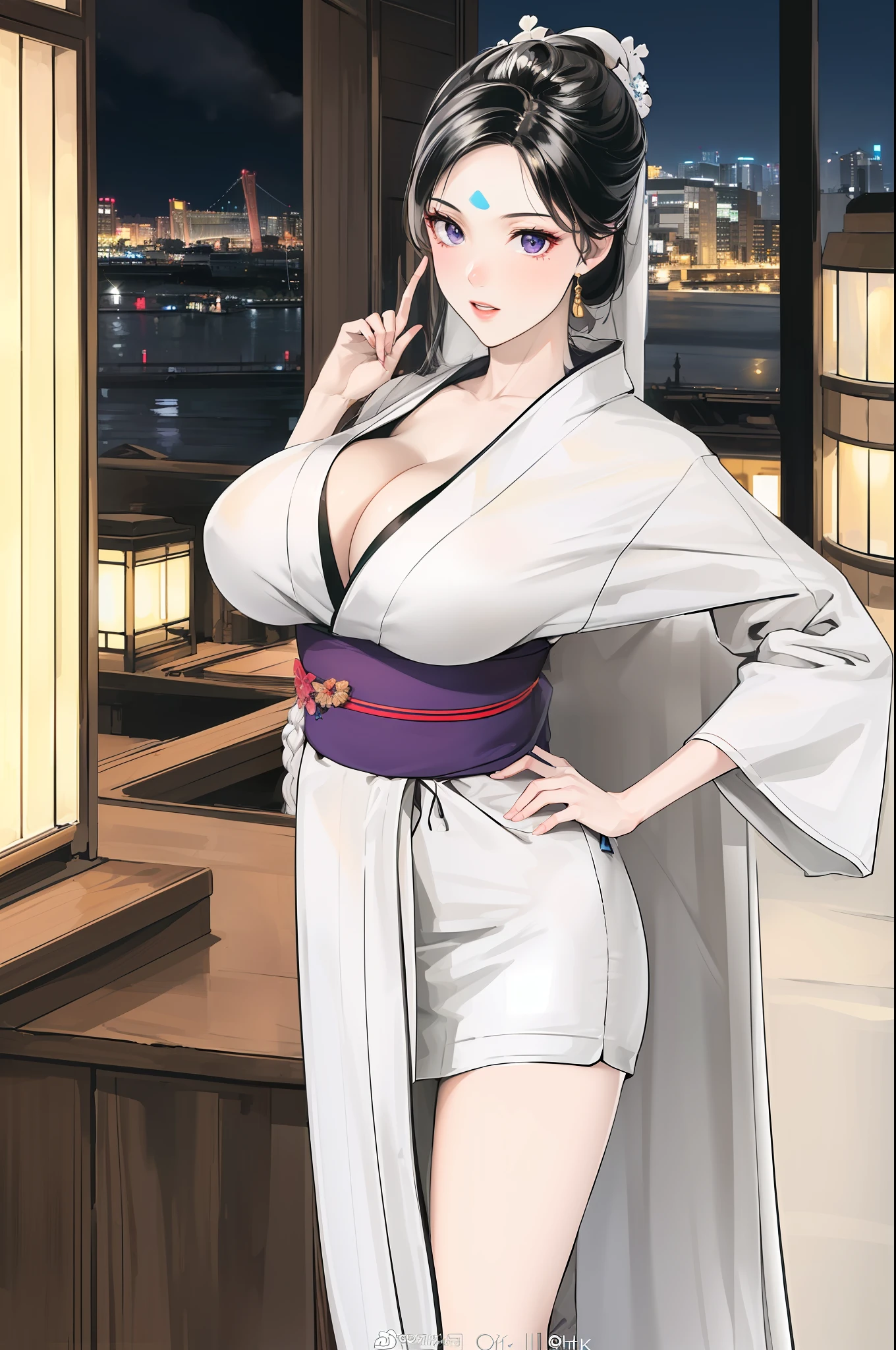 (Night:1.7), Japan, Tokyo, CityView, Before Window,
Standing at attention,
(White_kimono:1.3),cleavage,
black_hair, long_hair, hair_pulled_back,parted_lips,purple_eyes, braid,
1 girl, 24yo,mature female,Beautiful Finger,Beautiful long legs,Beautiful body,Beautiful Nose,Beautiful character design, perfect eyes, perfect face,
looking at viewer, in the center of the image,
NSFW,official art,extremely detailed CG unity 8k wallpaper, perfect lighting,Colorful, Bright_Front_face_Lighting,
(masterpiece:1.0),(best_quality:1.0), ultra high res,4K,ultra-detailed,
photography, 8K, HDR, highres, absurdres:1.2, Kodak portra 400, film grain, blurry background, bokeh:1.2, lens flare, (vibrant_color:1.2)
(Beautiful,large_Breasts:1.4), (beautiful_face:1.5),(narrow_waist),