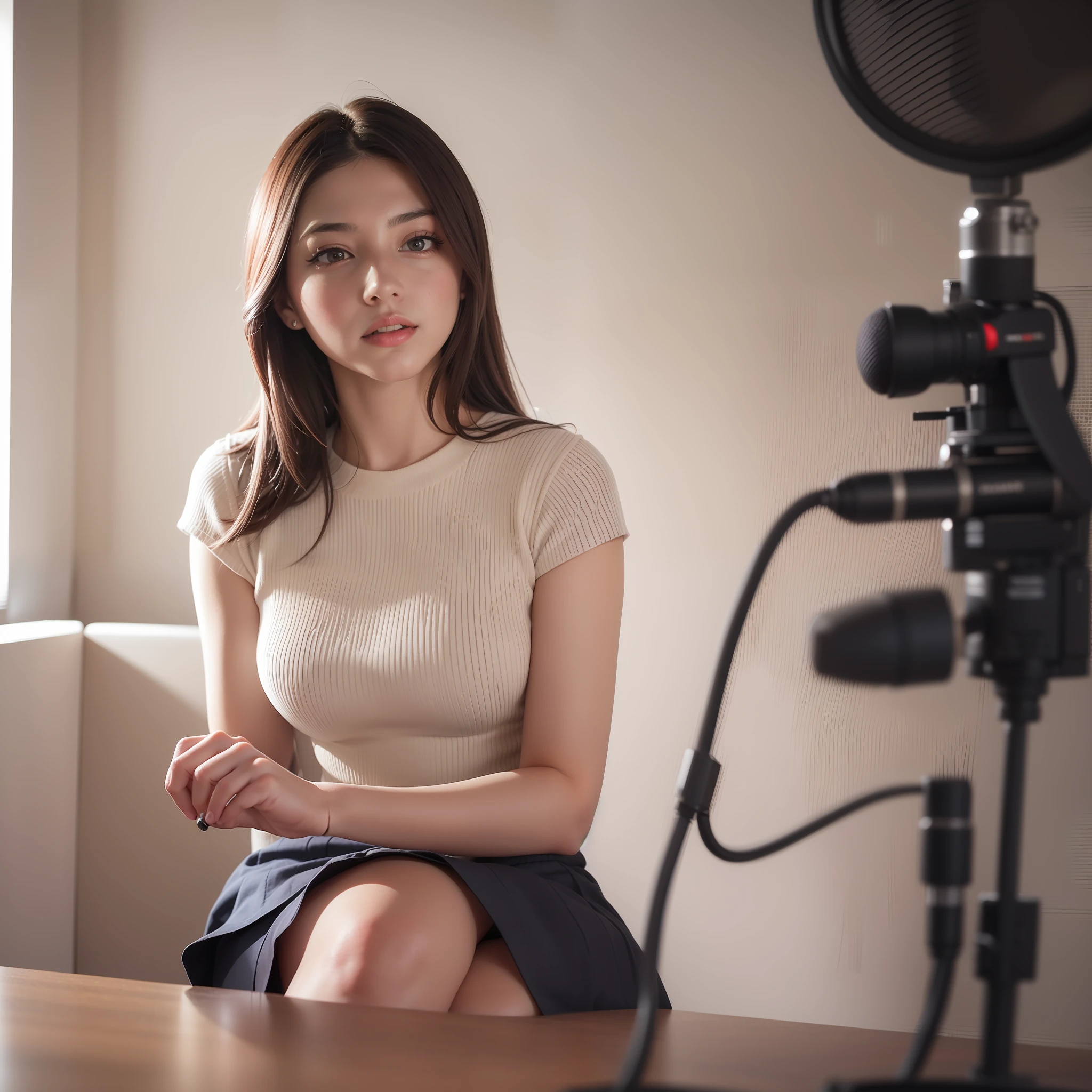 beautiful lighting, podcast room, real life, 25 years old, 1 beautiful women, wear short skirt, sitting beside the table with microphone, eye looking to camera, full body view, show legs , intricate, high detail, sharp focus, ultra realistic, 8K, masterpiece, best quality, high quality