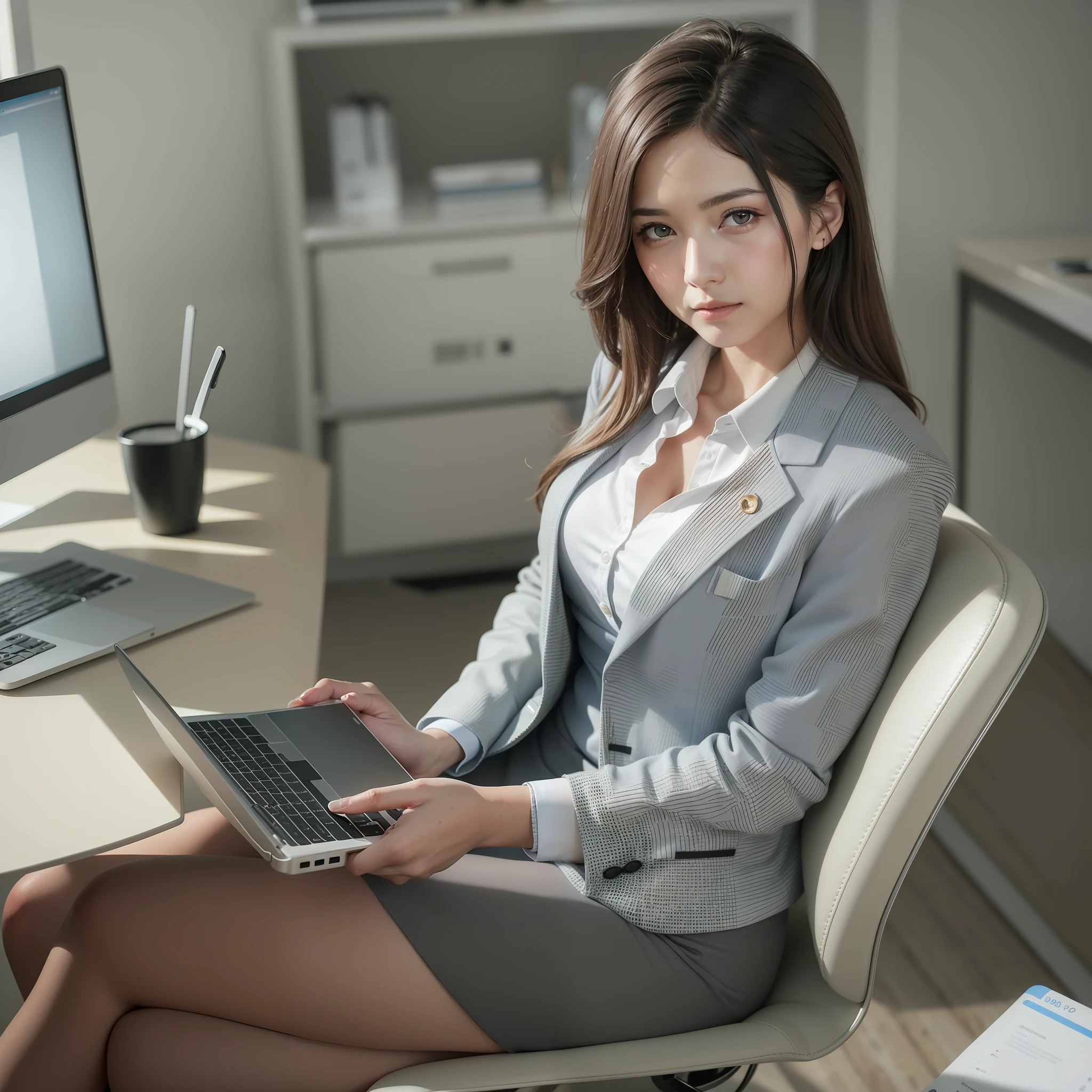 beautiful lighting, podcast room, real life, 25 years old, 1 beautiful women, wear short skirt, sitting beside the table with microphone, eye looking to camera, full body view, show legs , intricate, high detail, sharp focus, ultra realistic, 8K, masterpiece, best quality, high quality
