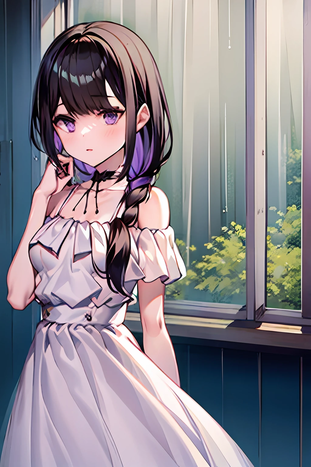 1girl,highres,high quality,mastery,mxmkWhiteDress,Exposed shoulder,purpleeyes,whiteskirt,pigtails, rain , windows
