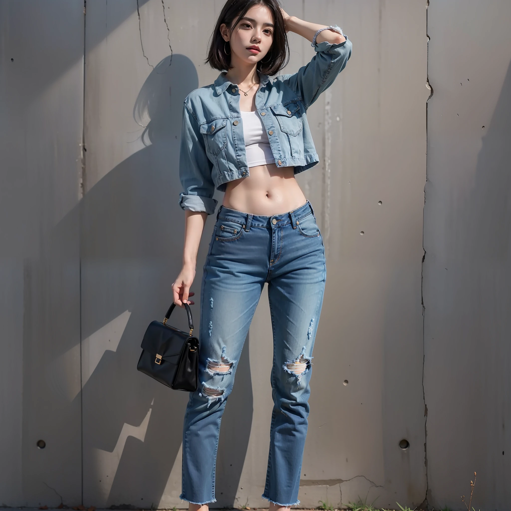 1 girl with jeans and crop top, full body