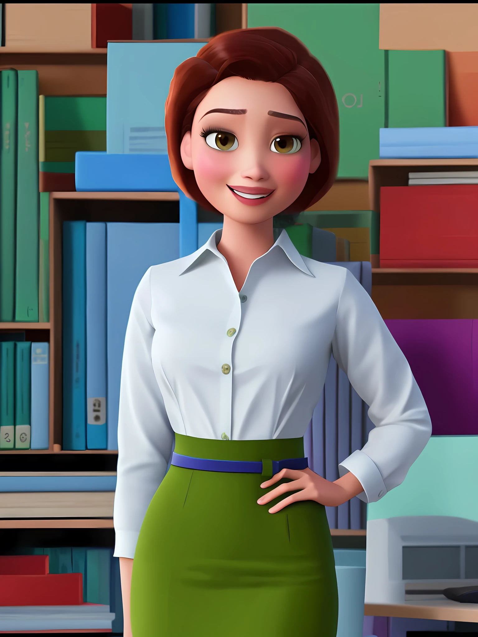 Pixarstyle a waist-high portrait of a young woman in an office shirt, sorriso, s office, textura natural da pele, texturas 4k, hdr, intrincado, altamente detalhado, sharp fokus, cinematic visual, hiperdetalhado.8k,nitido