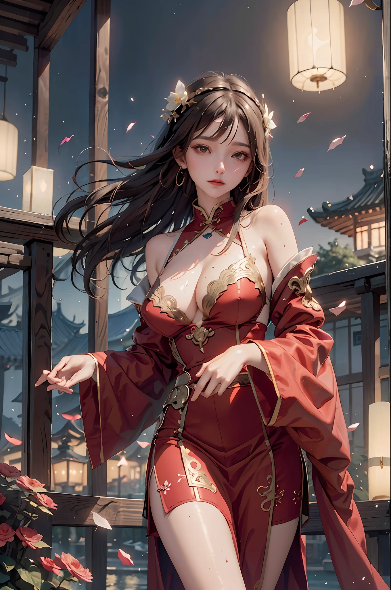 best quality, masterpiece, highres, (exquisite body:1.5),gorgeous face,(milky skin:1.3),intricate details,high resolution,wallpaper,
1girl, solo, dress, hair ornament, (((gold and red dress))), flowers, long hair, brown hair, closed mouth, jewelry, long sleeves, hand up, wide sleeves, big eyes,floating hair, chinese clothes, hanfu, embroidery, long skirt, natural pose, falling petals, indoor,fanning, lantern,
16K,HDR,highres,depth field,(film grain:1.1),boken,golden hour,(lens flare),vignette,rainbowing,(color grading:1.5)