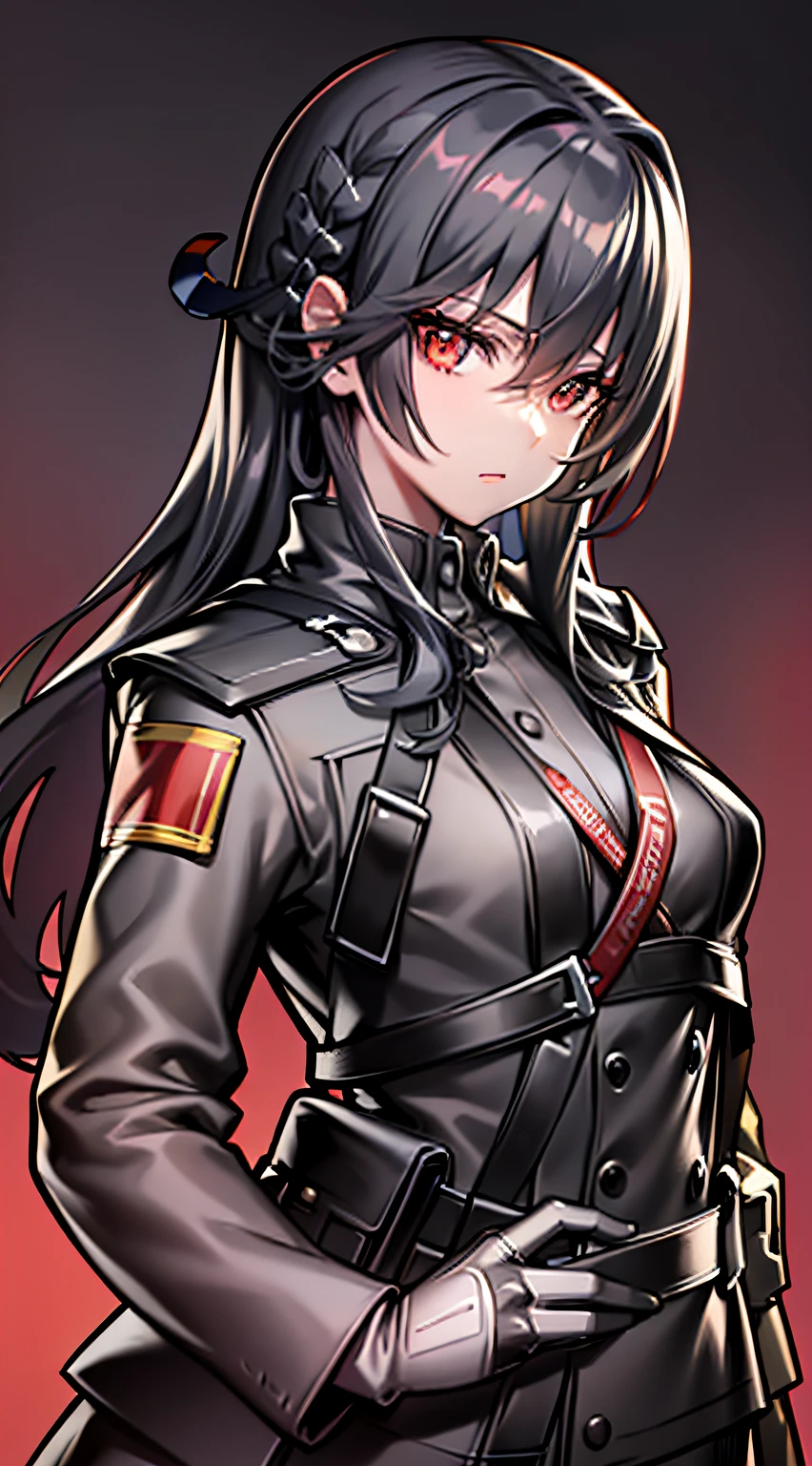 アニメ、最好质量、Hi-Def、Standing Picture、android、femal、soldier、a battle man、Long shiny and detailed black hair、Decoration luxury black military uniform、Wearing a mask、having katana、deadpan、no feelings、Elegant、gorgeous、Luxury、elegent、A sexy、goodlooking