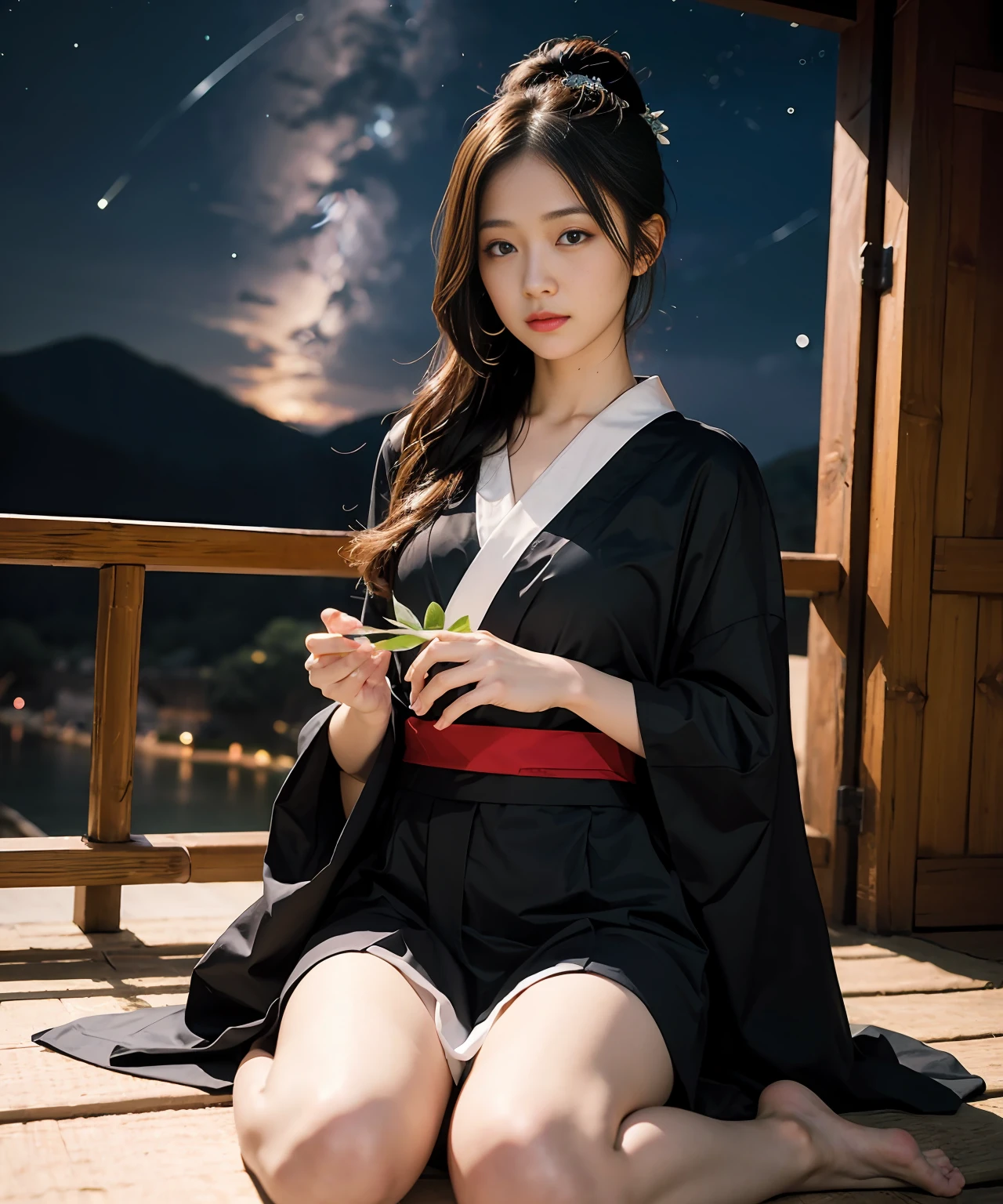 masterpaintings，HighestQuali，realisticlying，（（Tanabata：1.8））），（（Star Festival：1.5）），（Orihime wears a yukata，Wait for her，She has long black hair and a large star-shaped hair ornament，Look sideways at the audience，Facial expression loneliness）））），（（（（Milky Way star in dark night sky）），20 yrs old，body complet，realisticlying，（（Leaning on bamboo））， small thighs，A barefoot