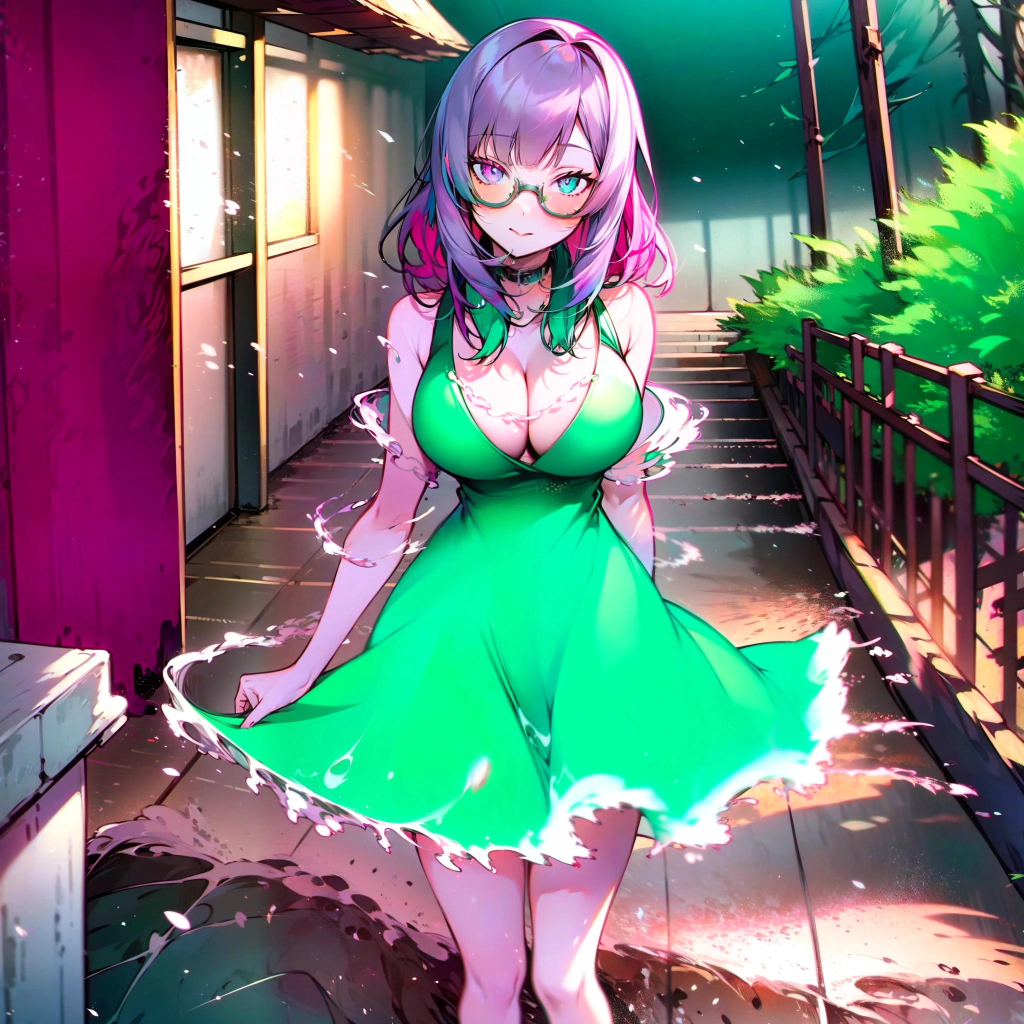 2d, masterpiece, best quality, anime, highly detailed face, highly detailed eyes, highly detailed background, perfect lighting, 1girl, solo, standing, ,koe no katachi, round glasses,silent voice,Shouko Nishimiya, Massive boobs, blush, Full body, beautiful eyes, heterochromia, liquid dress,