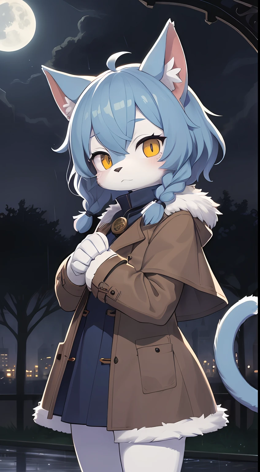 Cat boy,male year old boy,was hairy,shaggy,Skin fur,Smoothes lashes,Indigo fur,Forelimb hands,Short hair in men, Low twin braids' hair is scattered,solid circle eyes,Indigo ears,Indigo fur,Indigo facial fur,Short indigo hair,Hairline, Shiny hair, Wavy hair,Golden eyes,Super cute face,Cat tail,Fluffy tail,furry tail, Expressionless,Glowing eyes,pocket watch,Brown cape,Brown trench coat,ambientlight,Ultra-fine fur,volumettic light,dashed eyes, bangs, Under the rain,In the rain,Drizzle,Wet with rain,Wet hair,rainy outside,lightand shade contrast, ultra high def, 巨作, High quality, high-details, Best quality,Castle background,Night,full moon,intergalactic,独奏