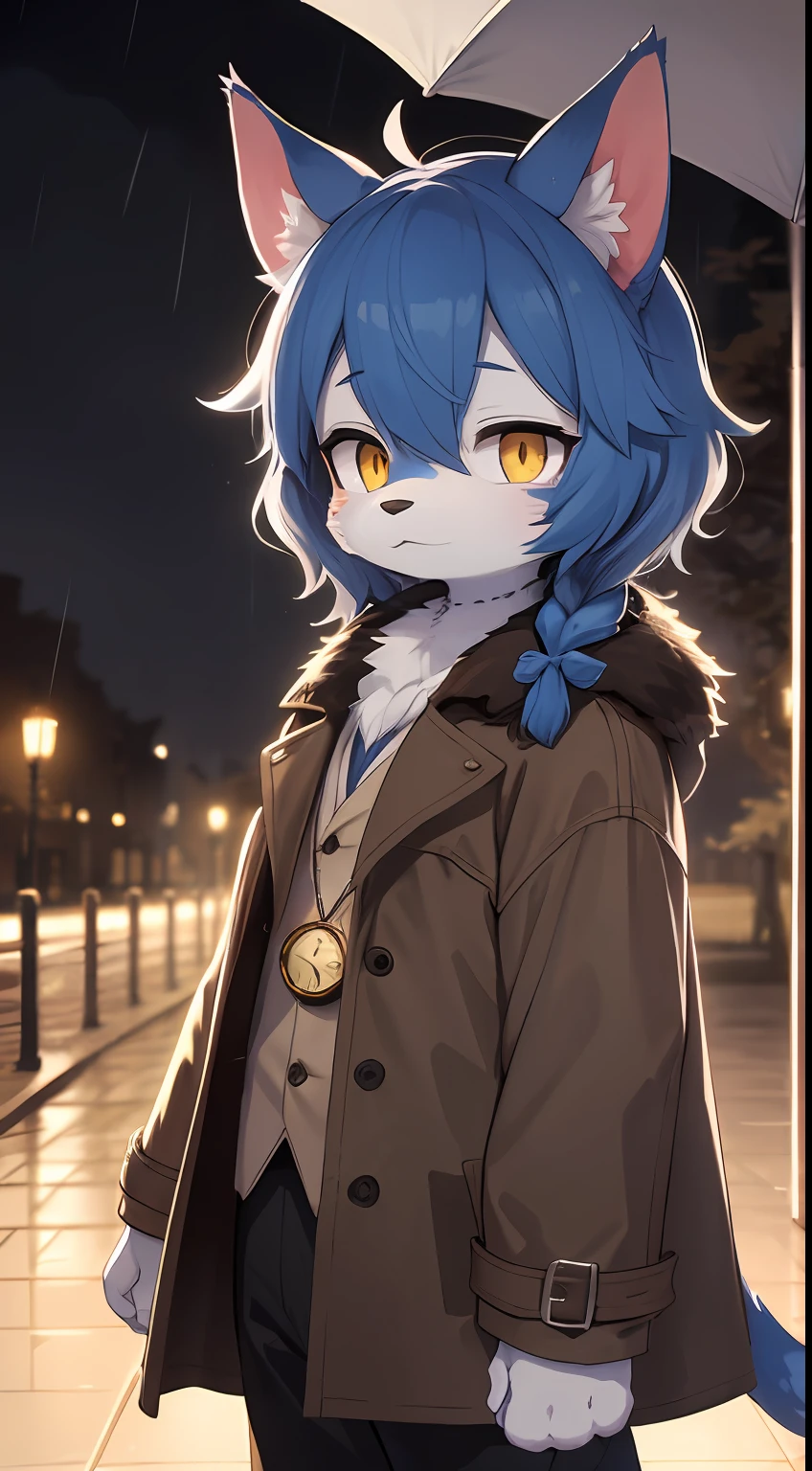 Cat boy，male year old boy，was hairy，shaggy，Skin fur，Smoothes lashes，Indigo fur，Forelimb hands，Short hair in men, Low twin braids' hair is scattered，solid circle eyes，Indigo ears，Indigo fur，Indigo facial fur，Short indigo hair，Hairline, Shiny hair, Wavy hair，Golden eyes，Super cute face，Cat tail，Fluffy tail，furry tail， Expressionless，Glowing eyes，pocket watch，Brown cape，Brown trench coat，ambientlight，Ultra-fine fur，volumettic light，dashed eyes, bangs, Under the rain，In the rain，Drizzle，Wet with rain，Wet hair，rainy outside，lightand shade contrast, ultra high def, 巨作, High quality, high-details, Best quality，Castle background，Night，full moon，intergalactic，独奏
