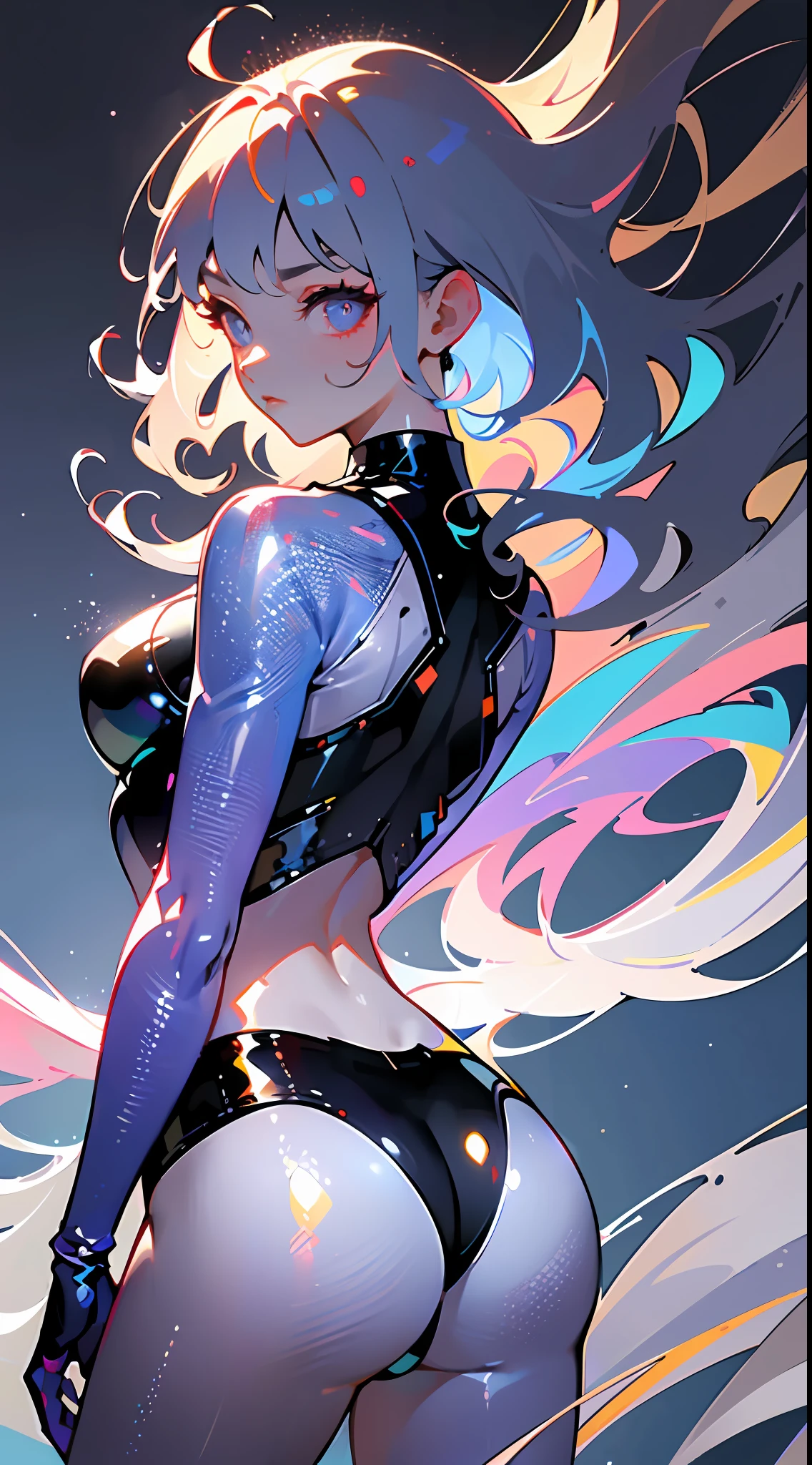 (solo girl:1.2, shot from back, dynamic pose:1.1), (Swirling Large Head:1.3), cinematic shot, dramatic lighting emphasizing shadows, texture-rich details, laser effect to add depth, best quality.