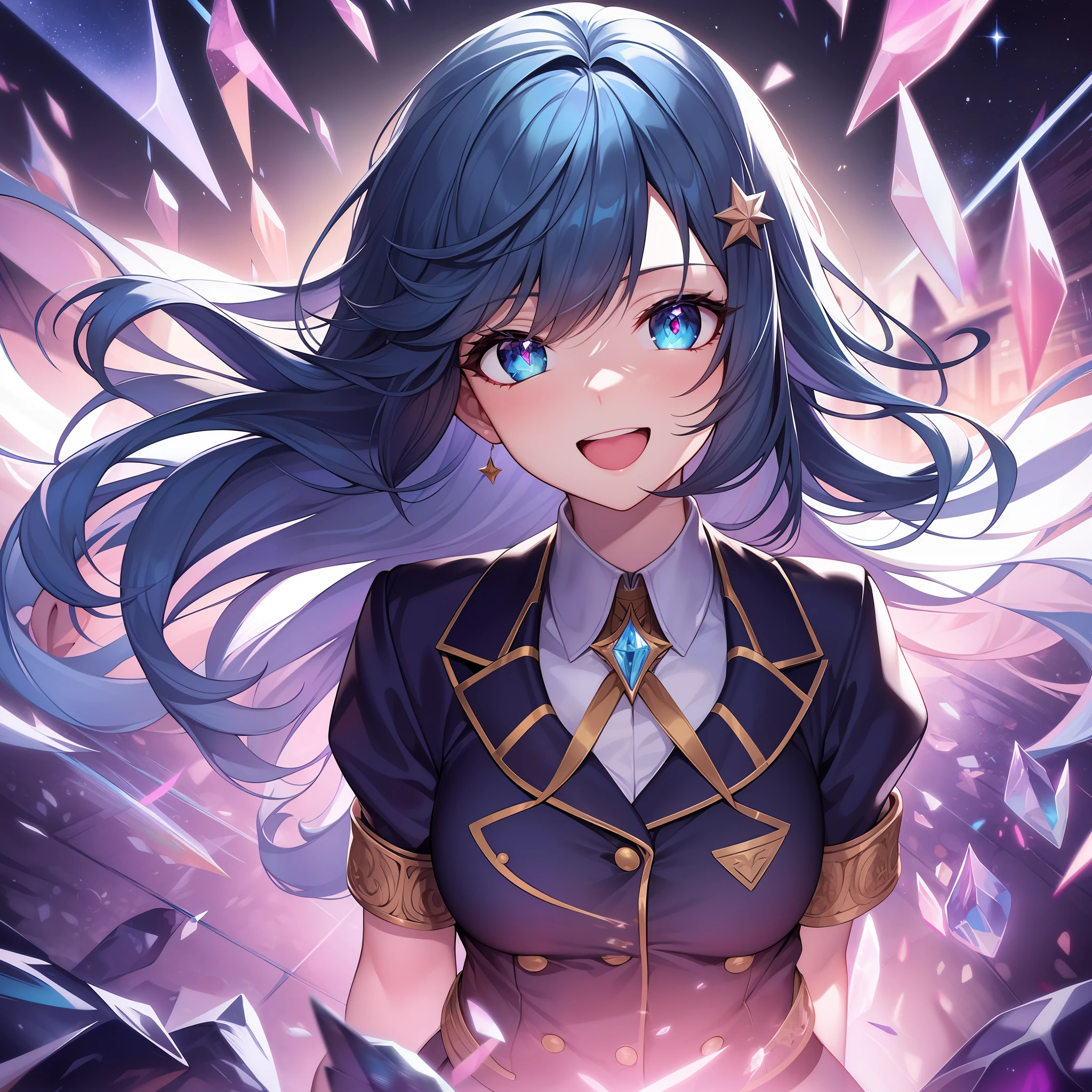 chest out, absurdres, superfine illustration,rainboweffect, highres, ultra detailed,light diffusion,highly detailed light reflection, kaleidoscope, harmonious, best shadow, highly detailed very beautiful big smile face, ;D, beautiful growing crystal diamond star pupil,look at viewer, beautiful detailed hair, solo, dynamic pose, beautiful detailed pink and black ribon, beautiful detailed High school uniform, Fantastic and the whole shines and shooting star and the wind is strong in detail background