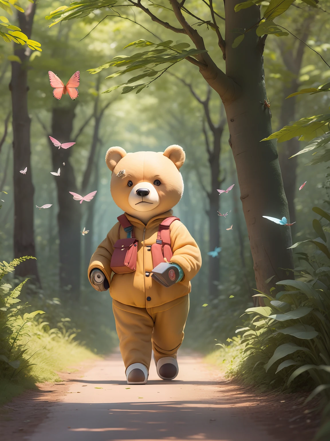 Urso para livro infantil, walking through the forest and a colorful butterfly flying in the tree