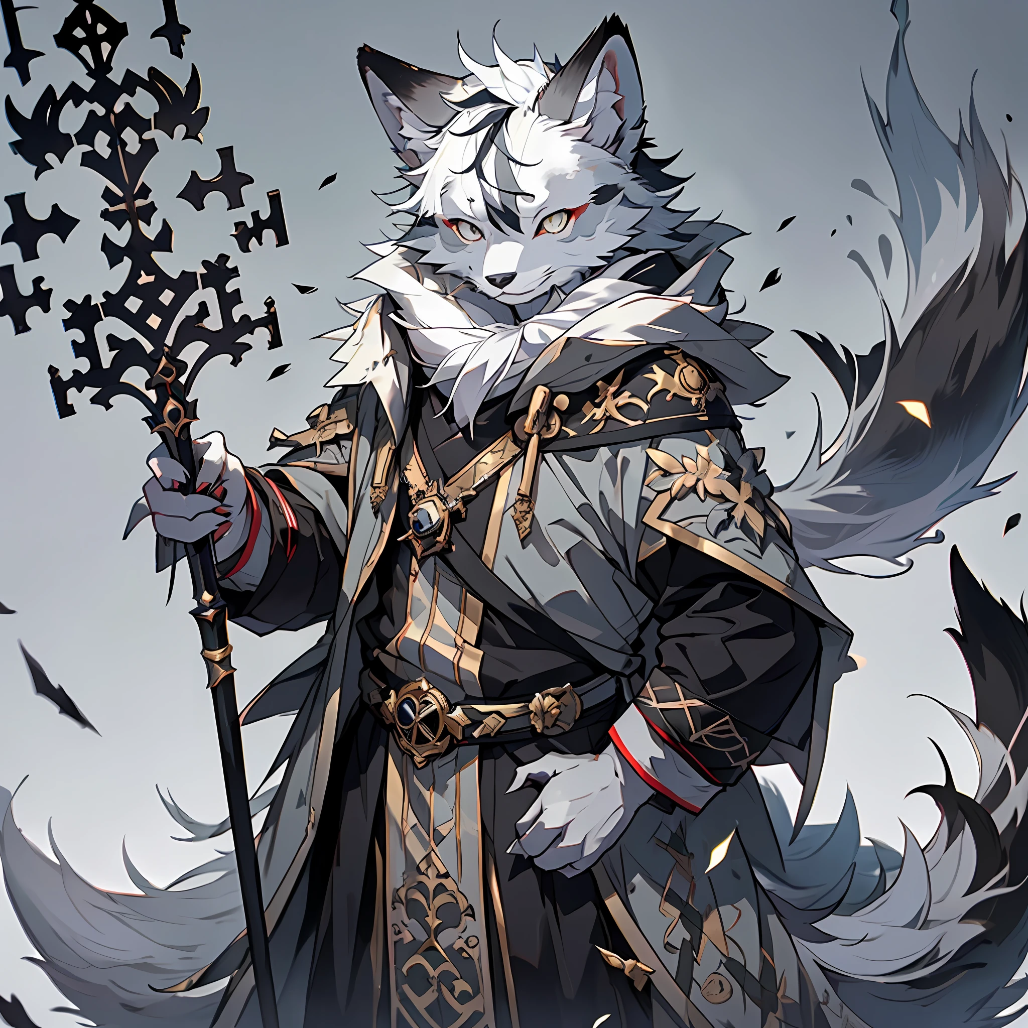 high-re,hyperquality,high resolucion,1080p,(((独奏))),Orc symbaroum,arctic fox,Male:1.5,Gray fur:1.3,grey skin,grey ears,Golden eyes,Sharp claws,(Fluffy tail:1.2),Sorcerer's robe,((magestic)),sophisticated background