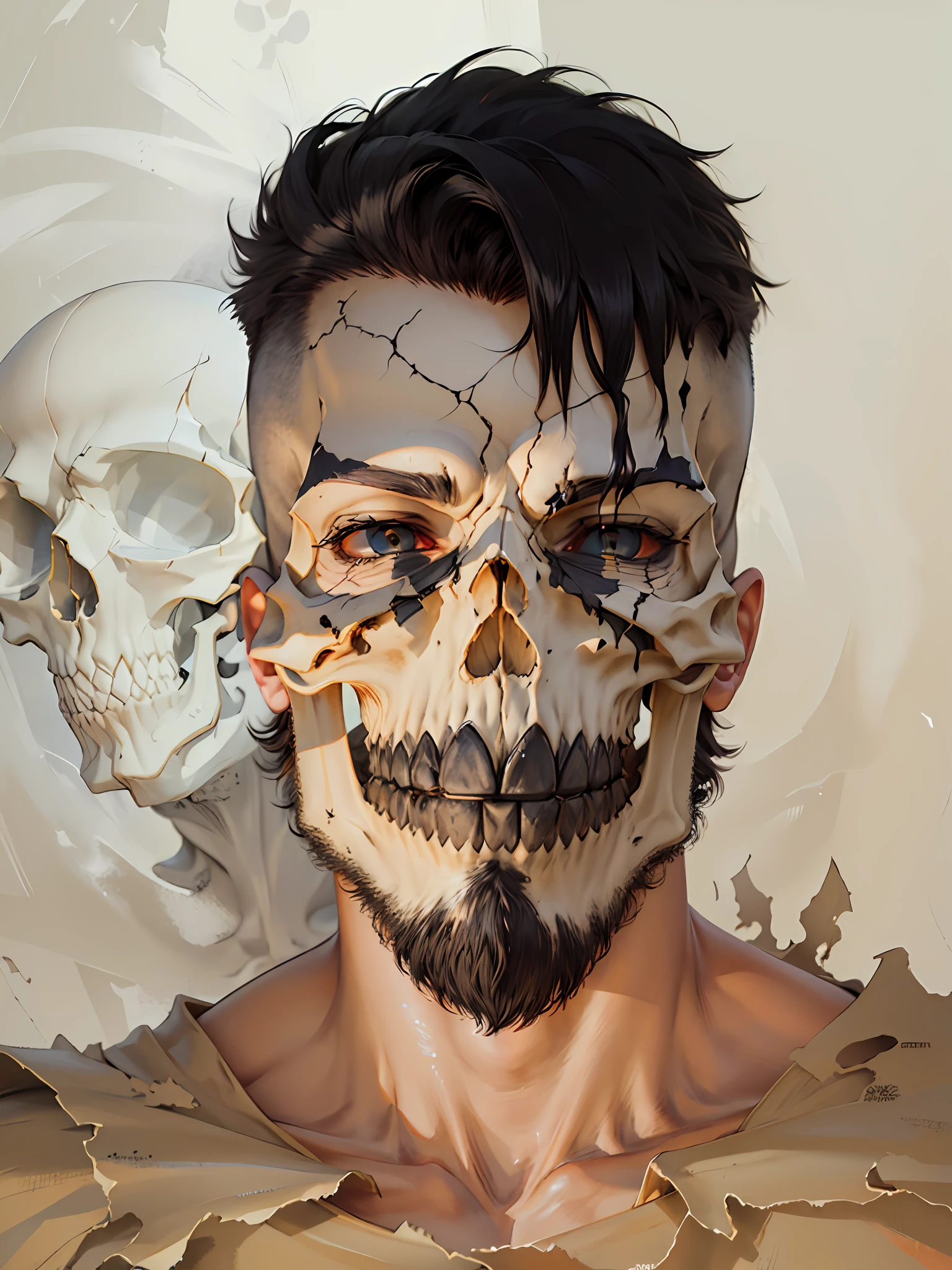 monochrome, grayscale, solo, 1boy, male focus, simple background, black background, slightly red-haired baldo style beard, upper body, looking at the viewer, (mask), facing the viewer, (((skull))), yellow eyes, (((black sclera)), ((black cloak, light armor)), crumpled skin, skin fragmentation, fragmented skin, crumpled skin, cracked skin, skin torn into pieces, ceramic style,